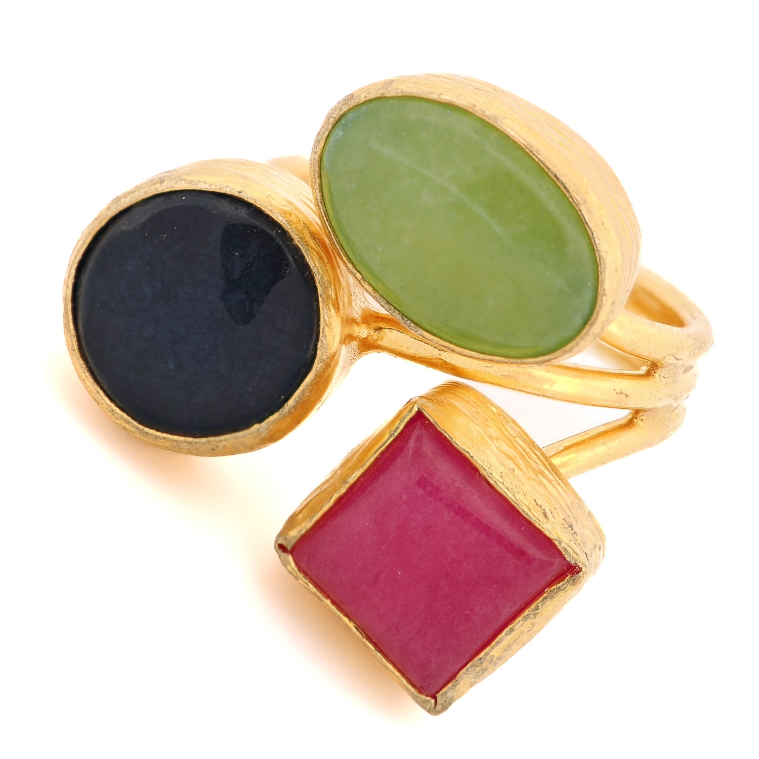 Adjustable spiritual ring for daily wear with jade for serenity, ruby for passion, and sapphire for intuition

