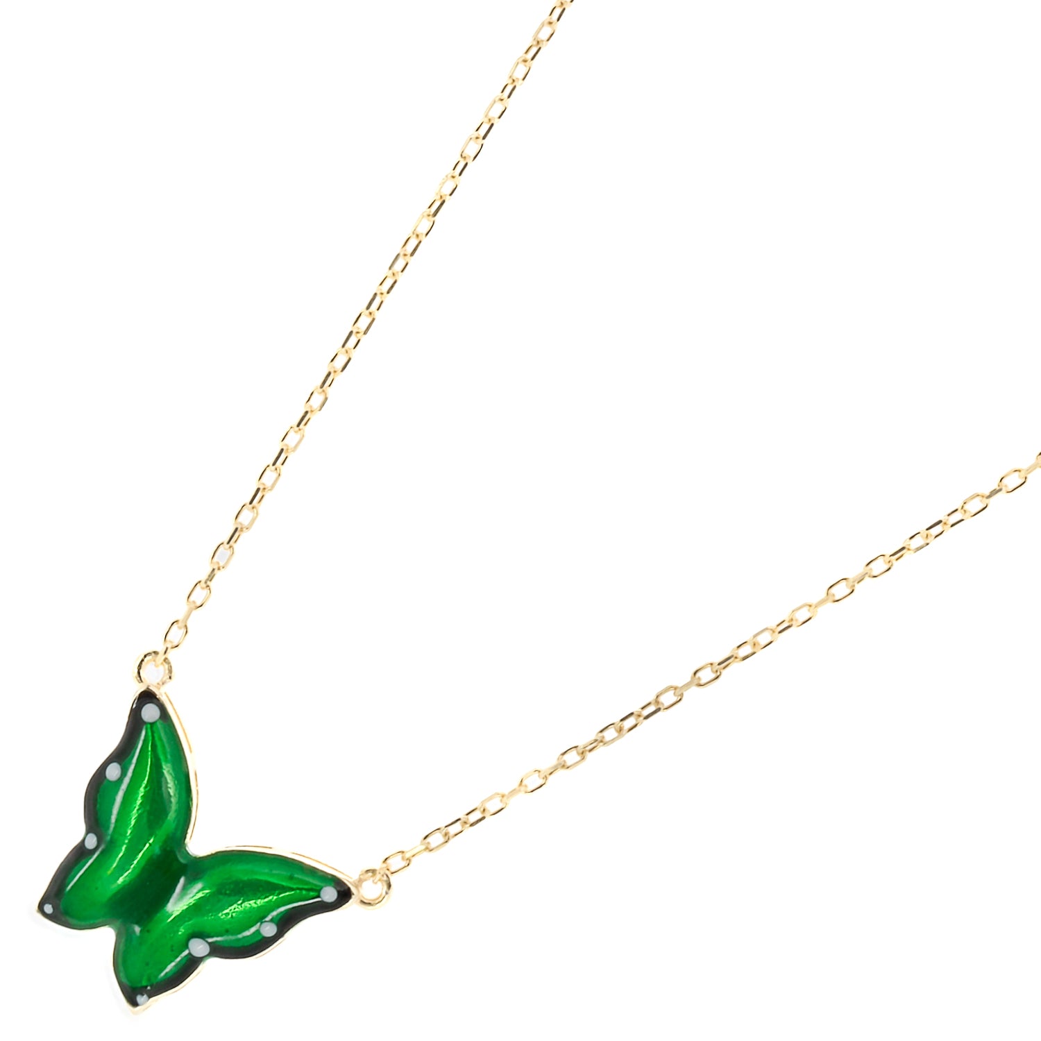 Stylish shot of the Gold Abundance Green Enamel Butterfly Necklace, adding a touch of spirituality and elegance to any outfit.