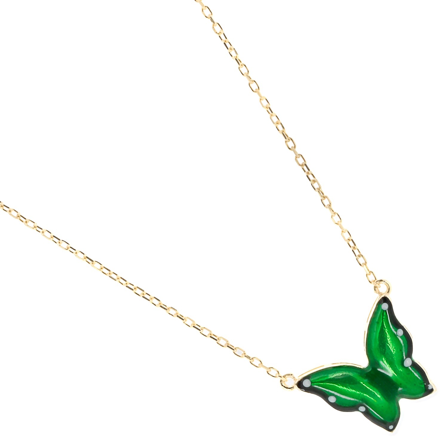 Gold Abundance Green Enamel Butterfly Necklace, a handmade piece of jewelry that embodies the beauty of transformation and inner growth.