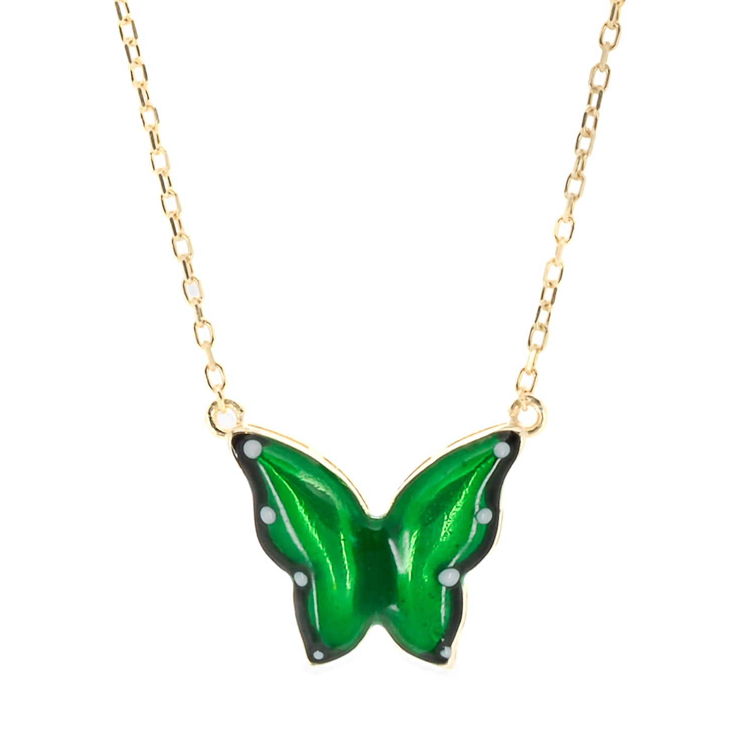 The Gold Abundance Green Enamel Butterfly Necklace, a captivating piece of jewelry that combines the beauty of sterling silver with the spiritual significance of a blue enamel butterfly pendant