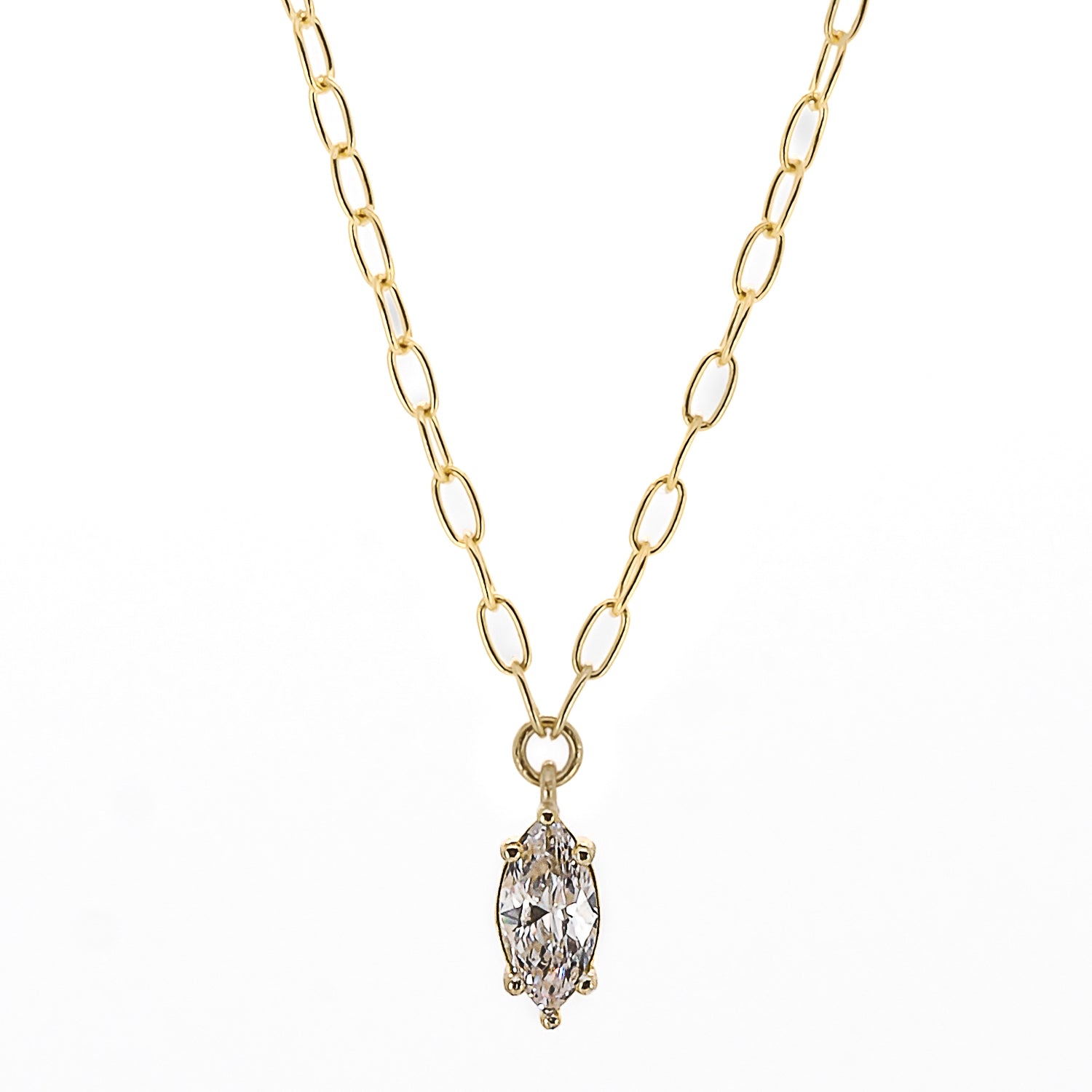 The Gold and Diamond Chain Necklace, a captivating piece featuring a stunning CZ Diamond pendant on an 18K gold plated chain.