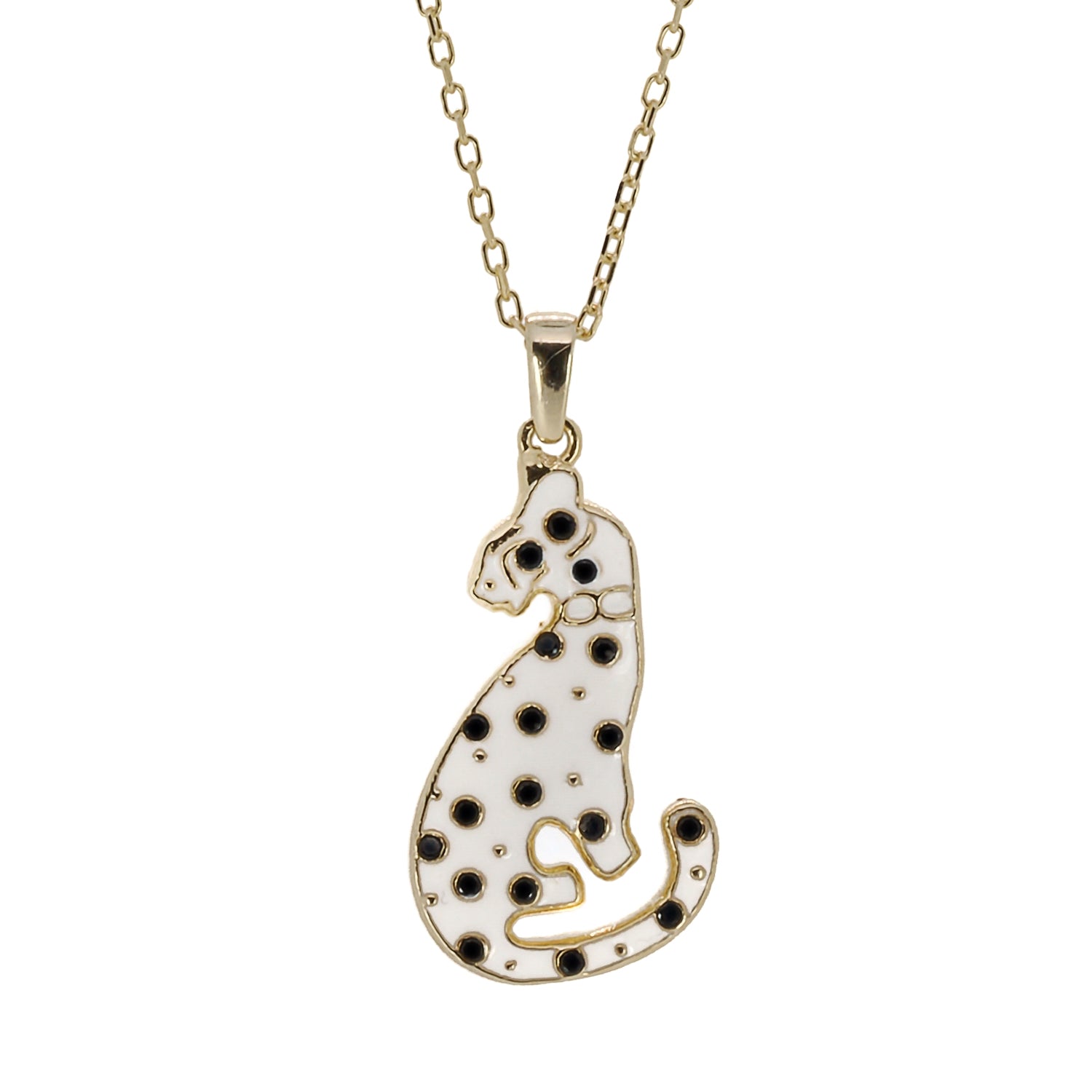 Gold Dalmatian Necklace featuring a sterling silver chain with an 18K gold plated finish, adorned with a delightful dalmatian dog pendant in white and black enamel.