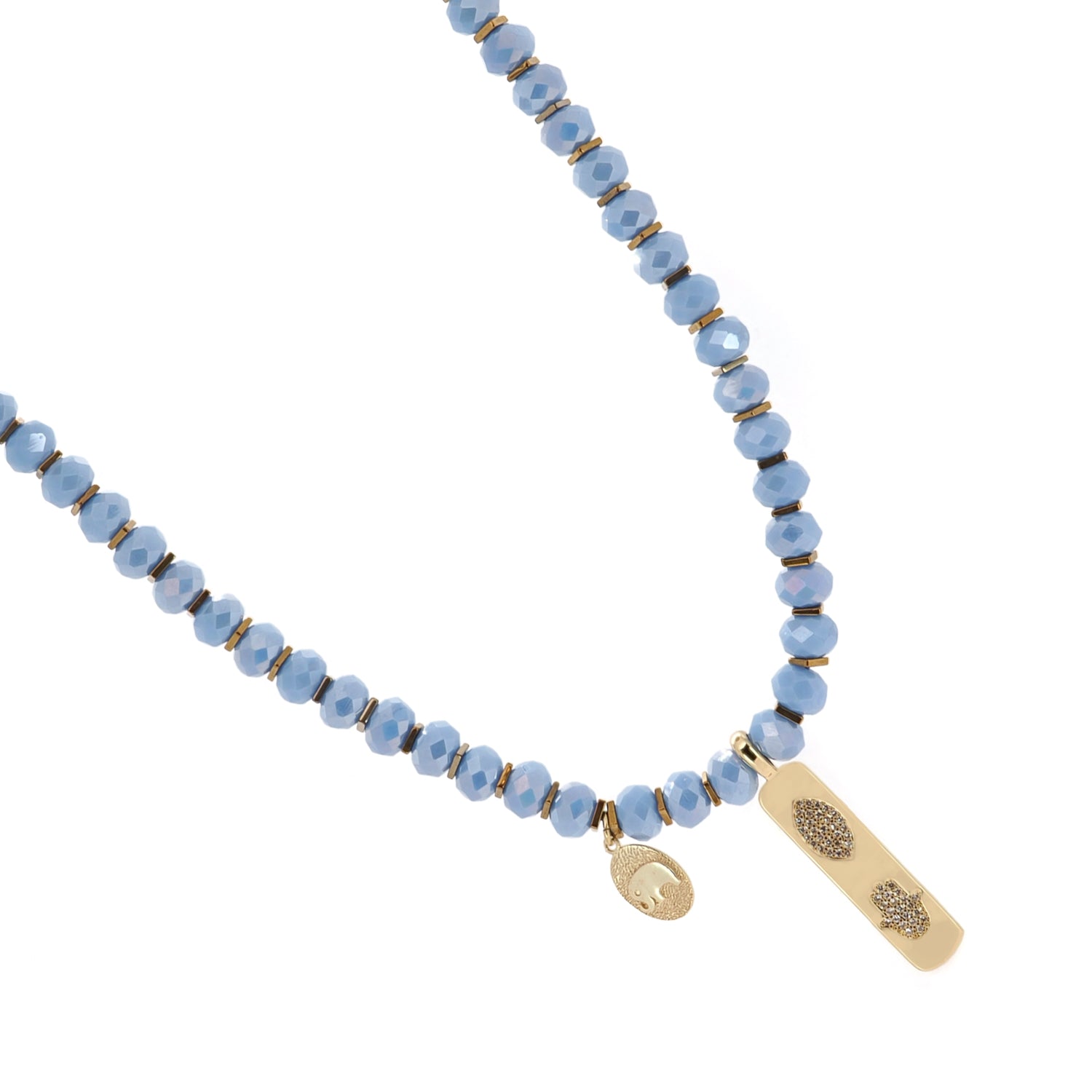 Blue crystal beaded necklace with 18K gold-plated Hamsa and elephant pendants, perfect for adding spiritual elegance.
