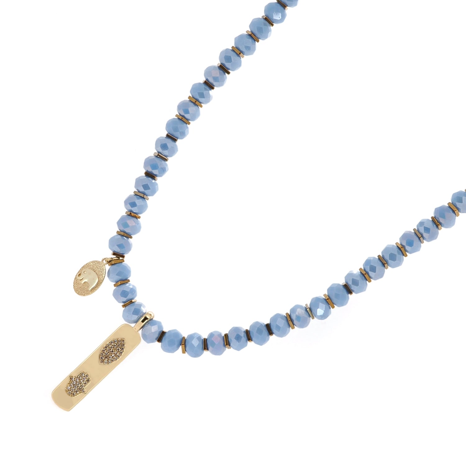 Good Luck necklace with blue beads and 18K gold Hamsa and elephant charms, ideal for protection and positive energy.
