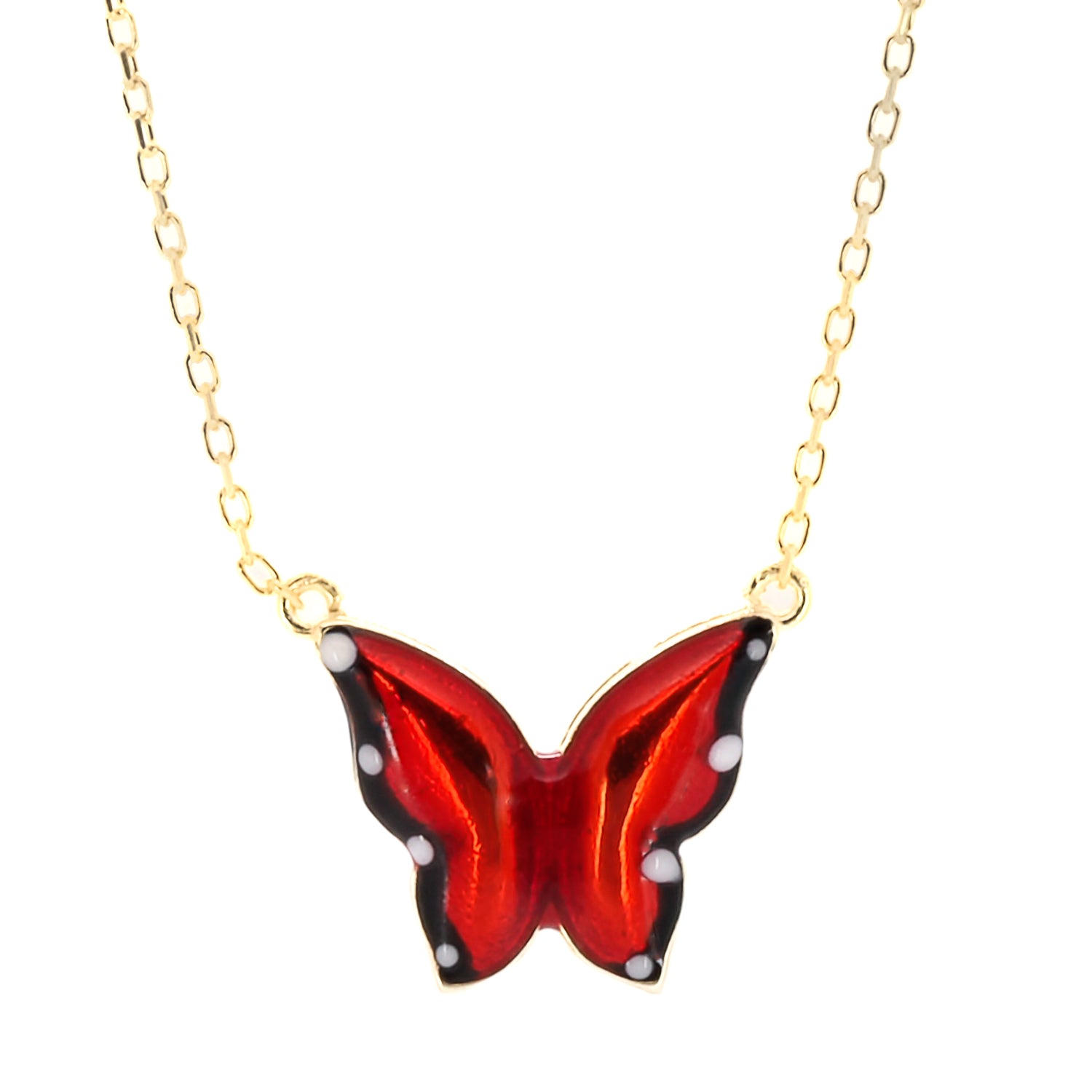 The Gold Joy Red Enamel Butterfly Necklace, a symbol of transformation and inner growth.