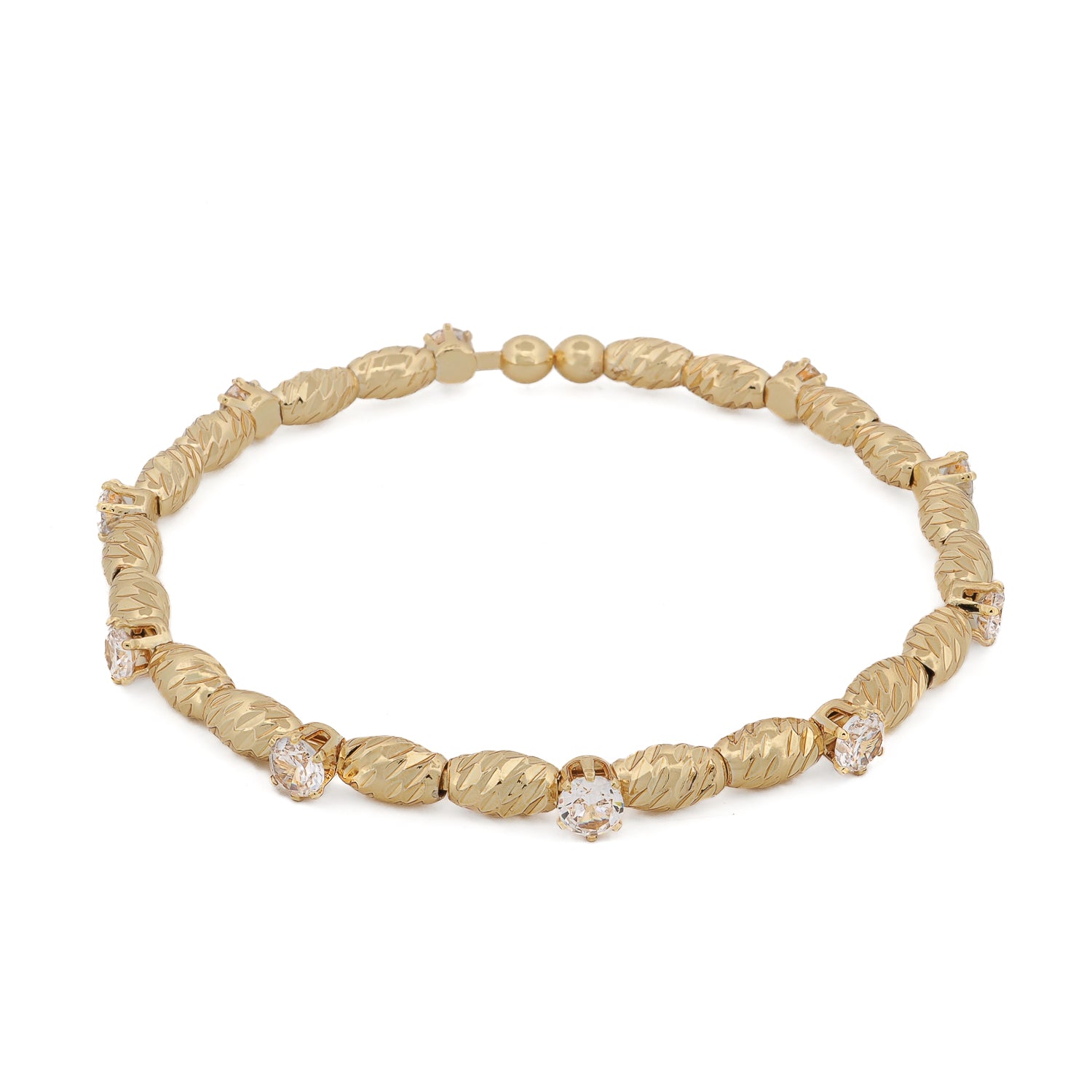 Gold plated adjustable dainty bangle bracelet with clear zircon stones on bronze base, elegant and lightweight design for stacking