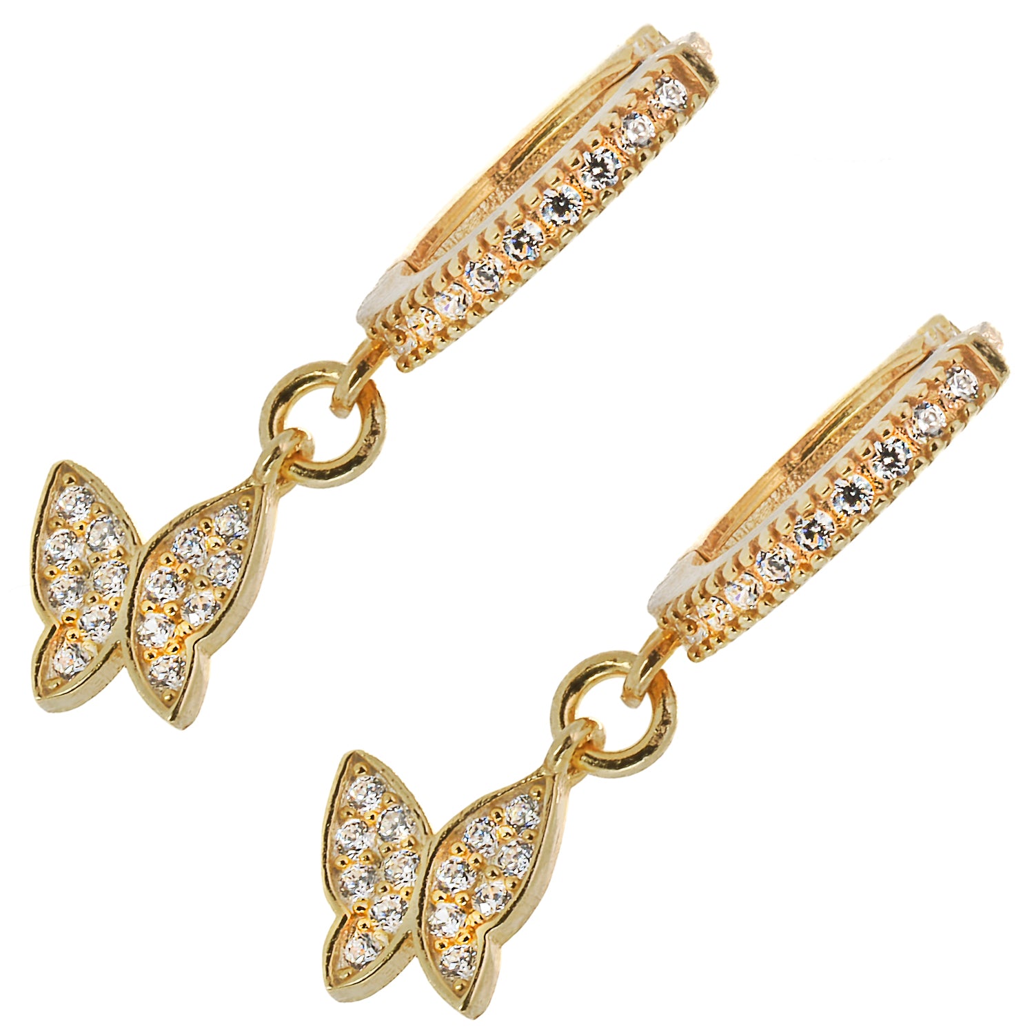 Handmade sterling silver butterfly earrings plated in 18K gold, adorned with sparkling CZ diamonds