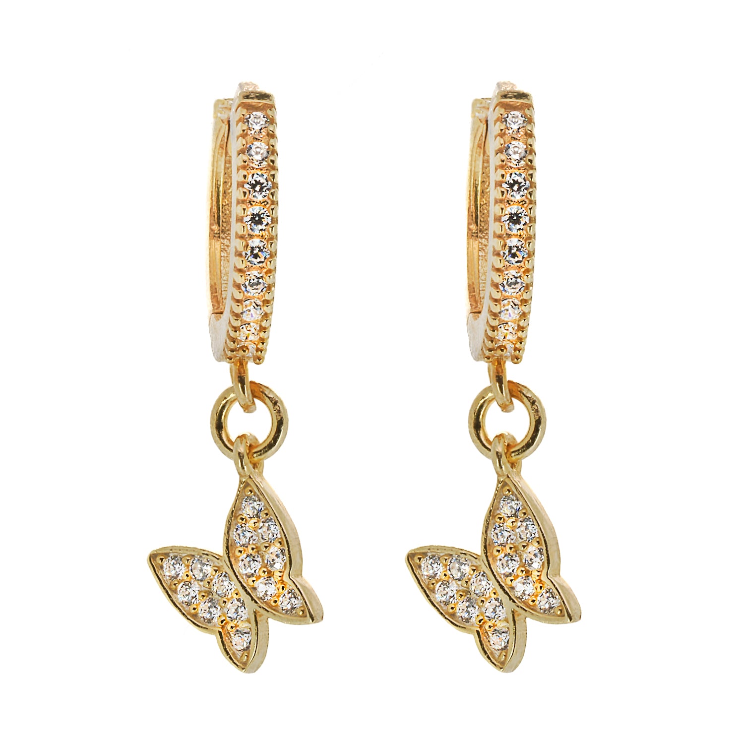Gold Sparkly Butterfly Earrings with CZ diamonds, a symbol of elegance and grace