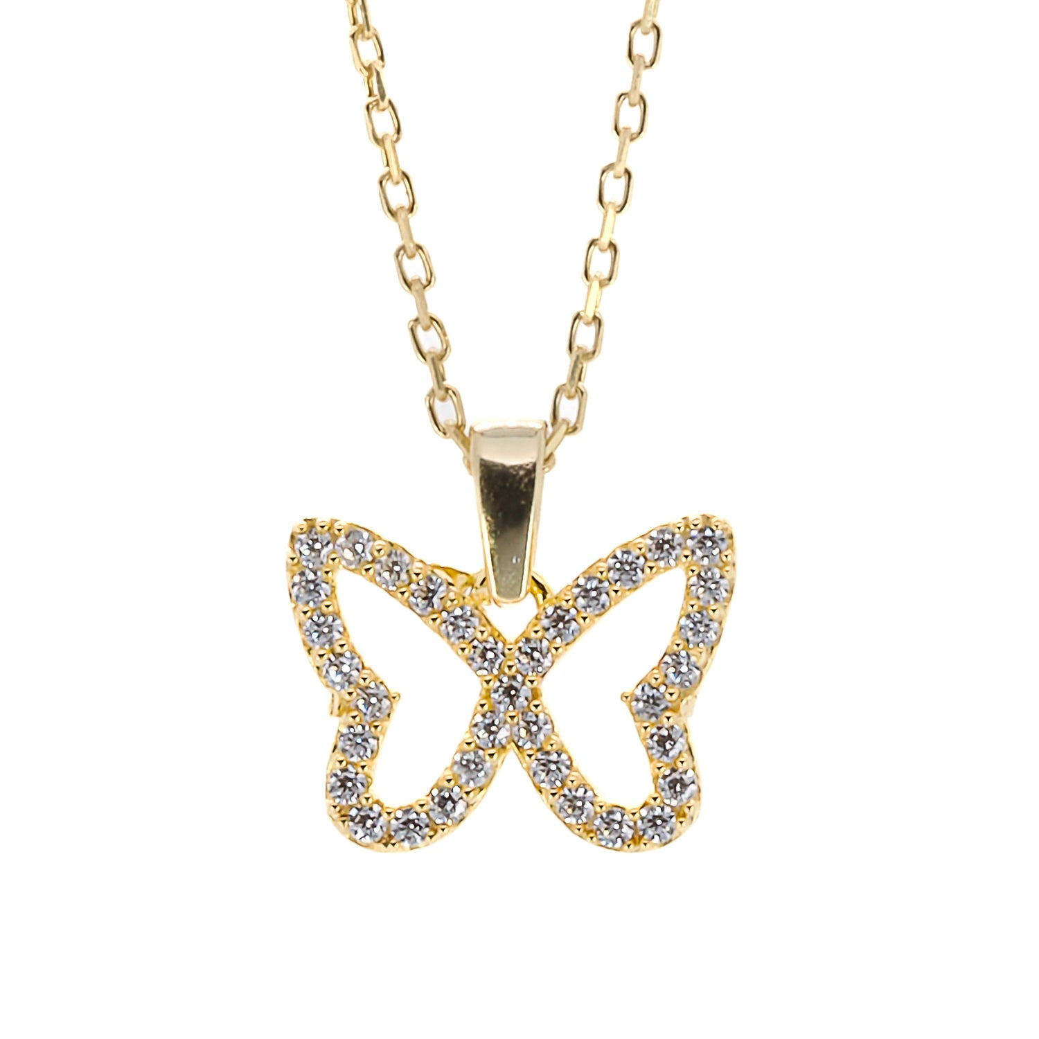 A close-up of the CZ diamond-adorned butterfly pendant on the Gold Sparkly Butterfly Necklace.
