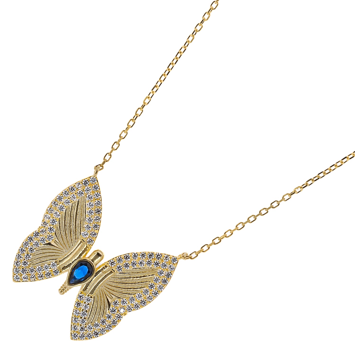 Close-up shot of the butterfly pendant on the necklace, showcasing the shimmering CZ diamonds and the vibrant sapphire stone, symbolizing hope and positivity.