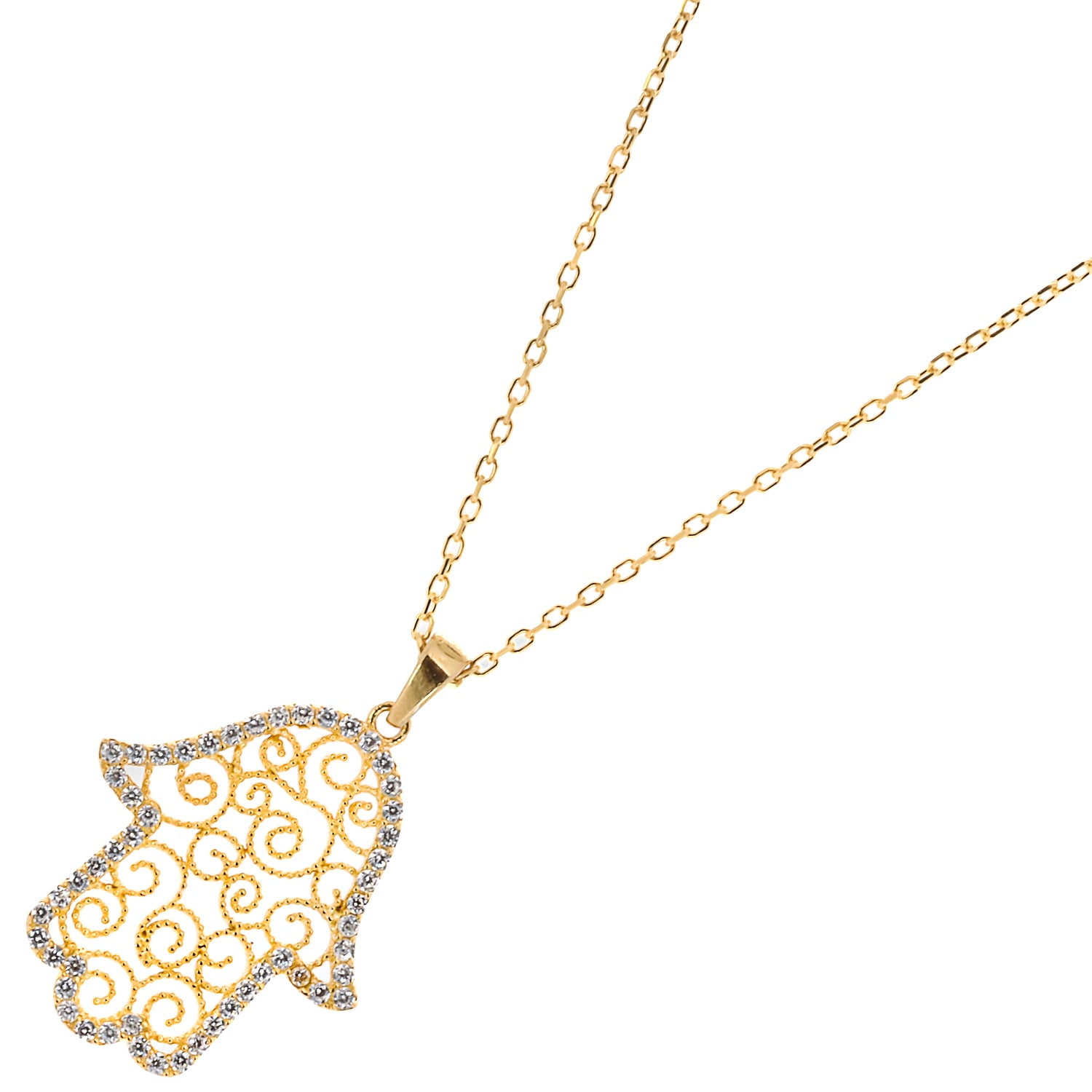Detailed shot of the sparkling CZ diamonds on the Hamsa pendant of the Gold Spiral Hamsa Necklace, adding an elegant and luxurious touch to the overall design.