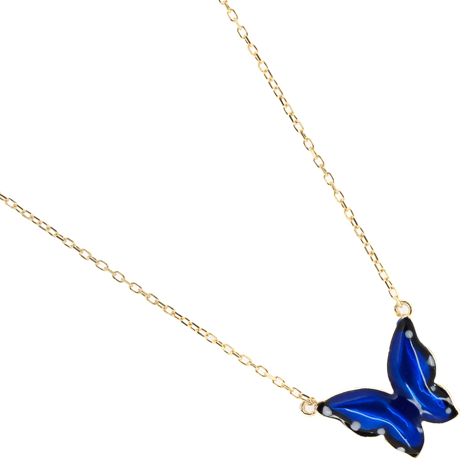 Gold Spiritual Blue Enamel Butterfly Necklace, a unique and captivating piece of jewelry that embodies the beauty of transformation.