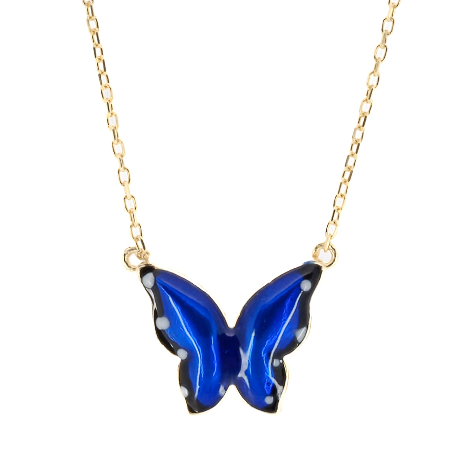 Gold Spiritual Blue Enamel Butterfly Necklace featuring a captivating butterfly pendant with blue enamel on a 925 sterling silver chain plated with 18K gold.