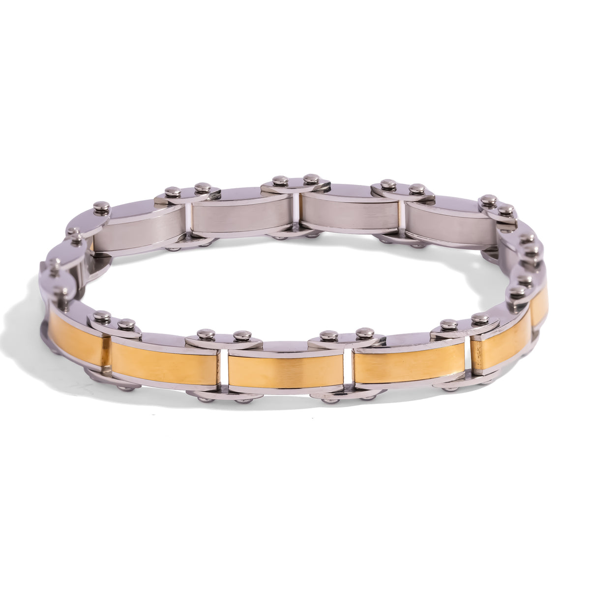 Gold Two-Tone Steel Link Men's Bracelet with brushed stainless steel links and 24K gold plated center panels