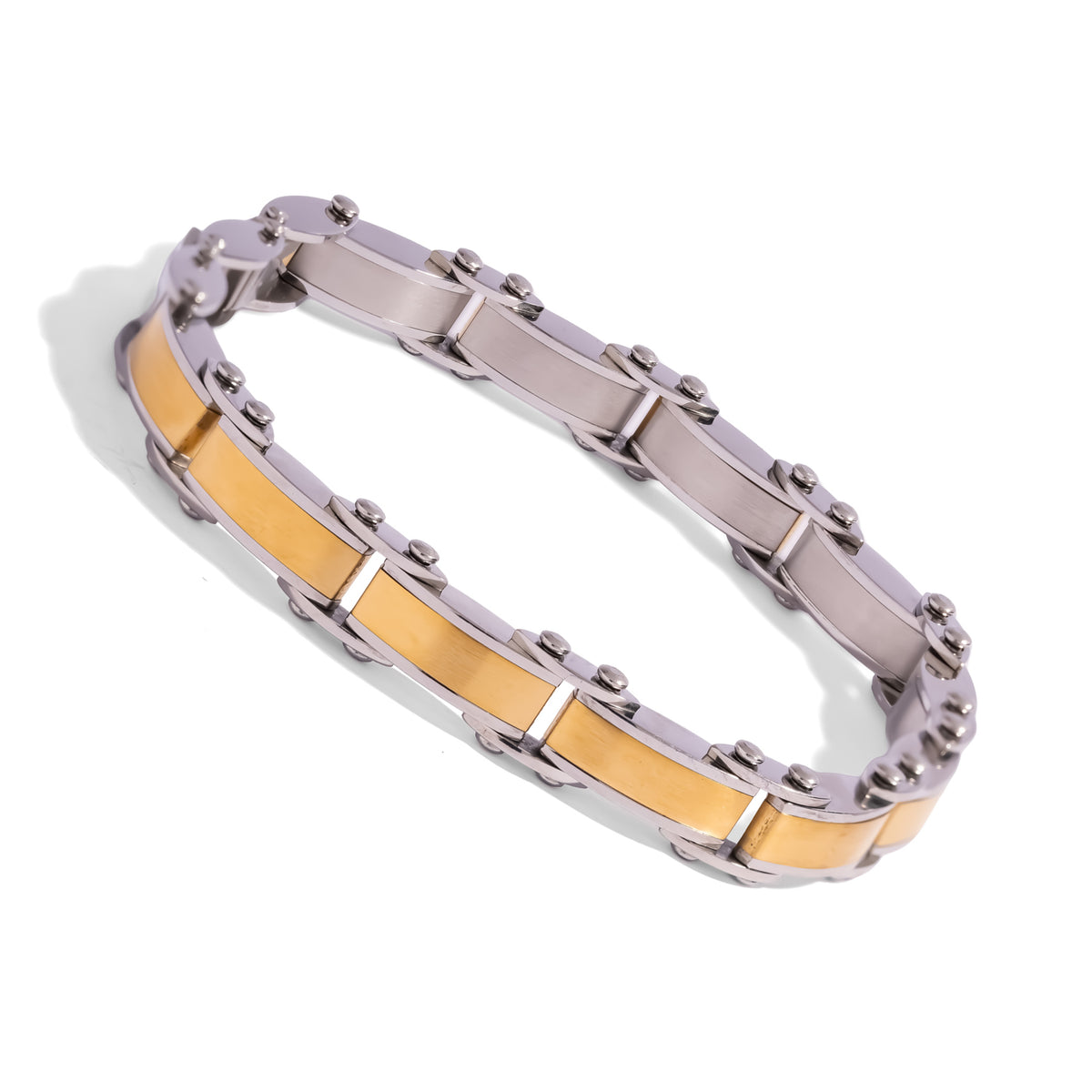 Angled view of the two-tone steel link bracelet showing the gold panels and visible pin construction