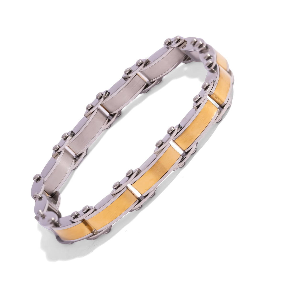 Men's gold and silver stainless steel link bracelet seen from above on a white background