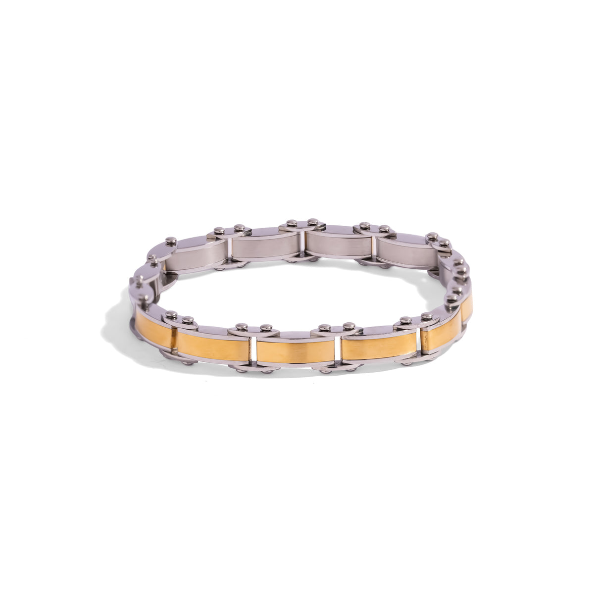 Front view of the gold two-tone stainless steel men's link bracelet