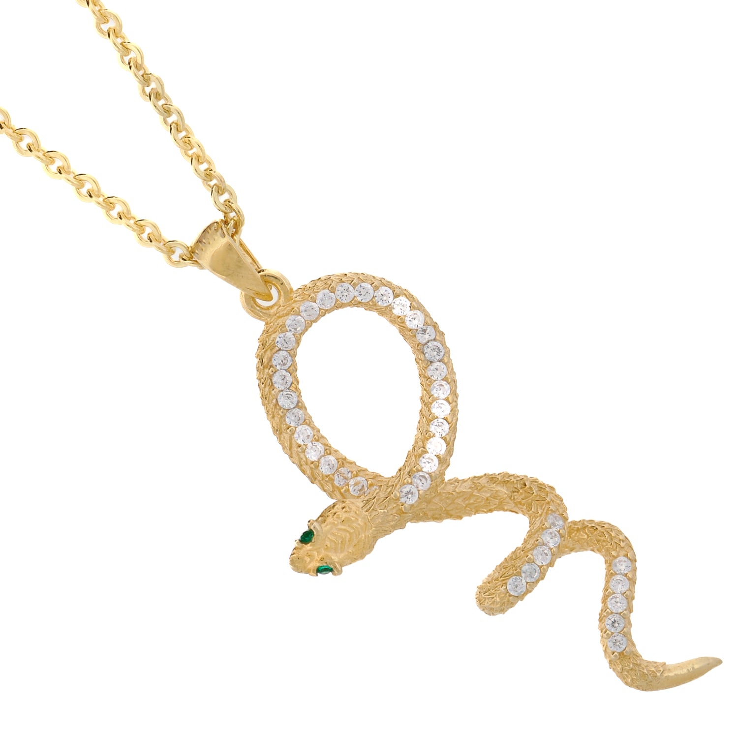 Striking snake pendant necklace with 18K gold plating, CZ diamonds, and emerald stones on a luxurious chain.
