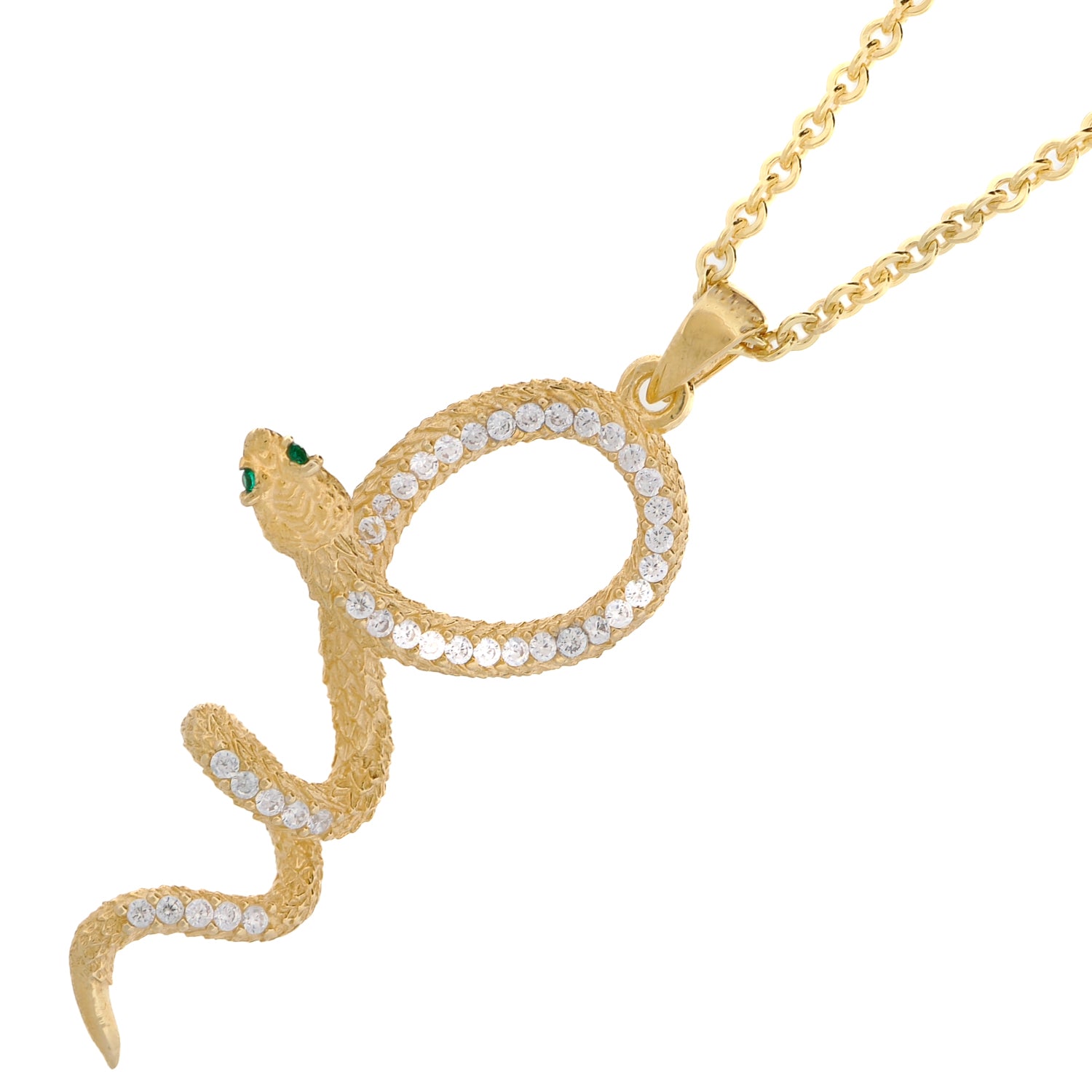 Bold and mystical Mythology Snake Necklace with gold vermeil pendant and sparkling diamond and emerald details.
