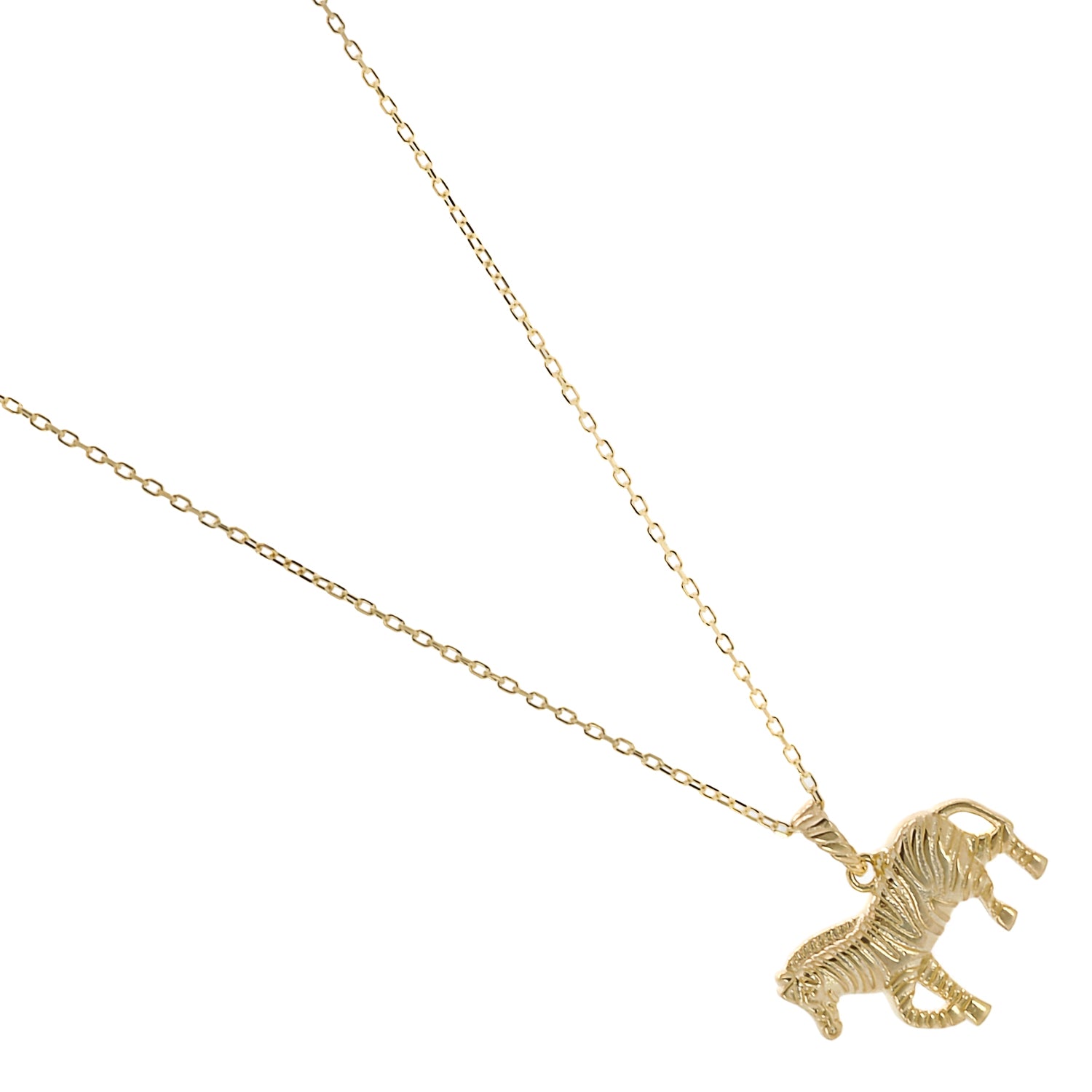 A close-up of the Gold Zebra Necklace, showcasing the intricate detailing and craftsmanship of the zebra pendant.