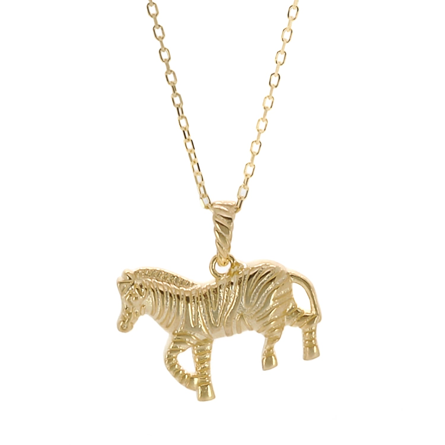 The Gold Zebra Necklace, a captivating piece featuring a stunning zebra pendant suspended from an 18K gold plated chain.