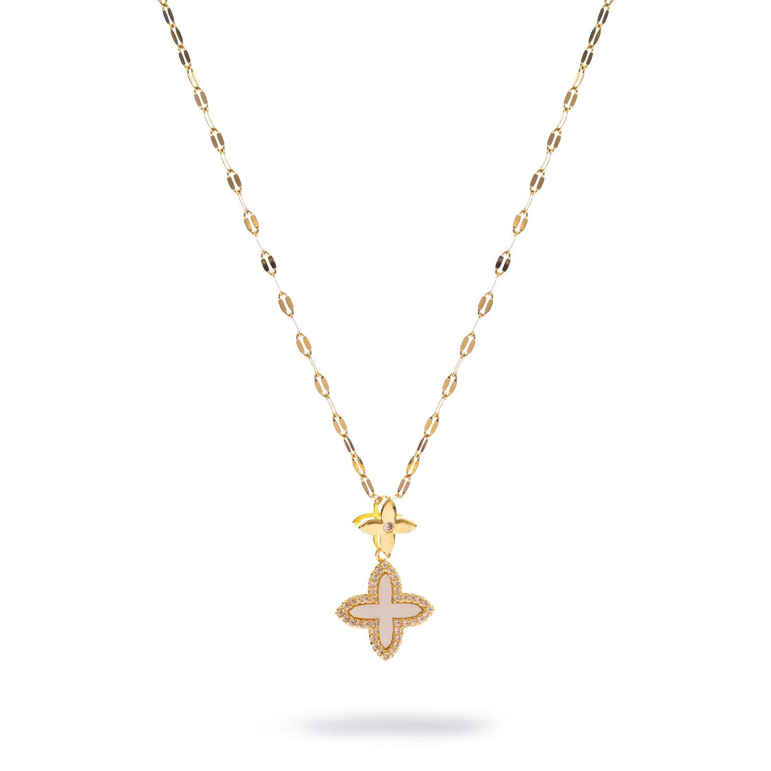 Gold clover pendant necklace with CZ diamond accents