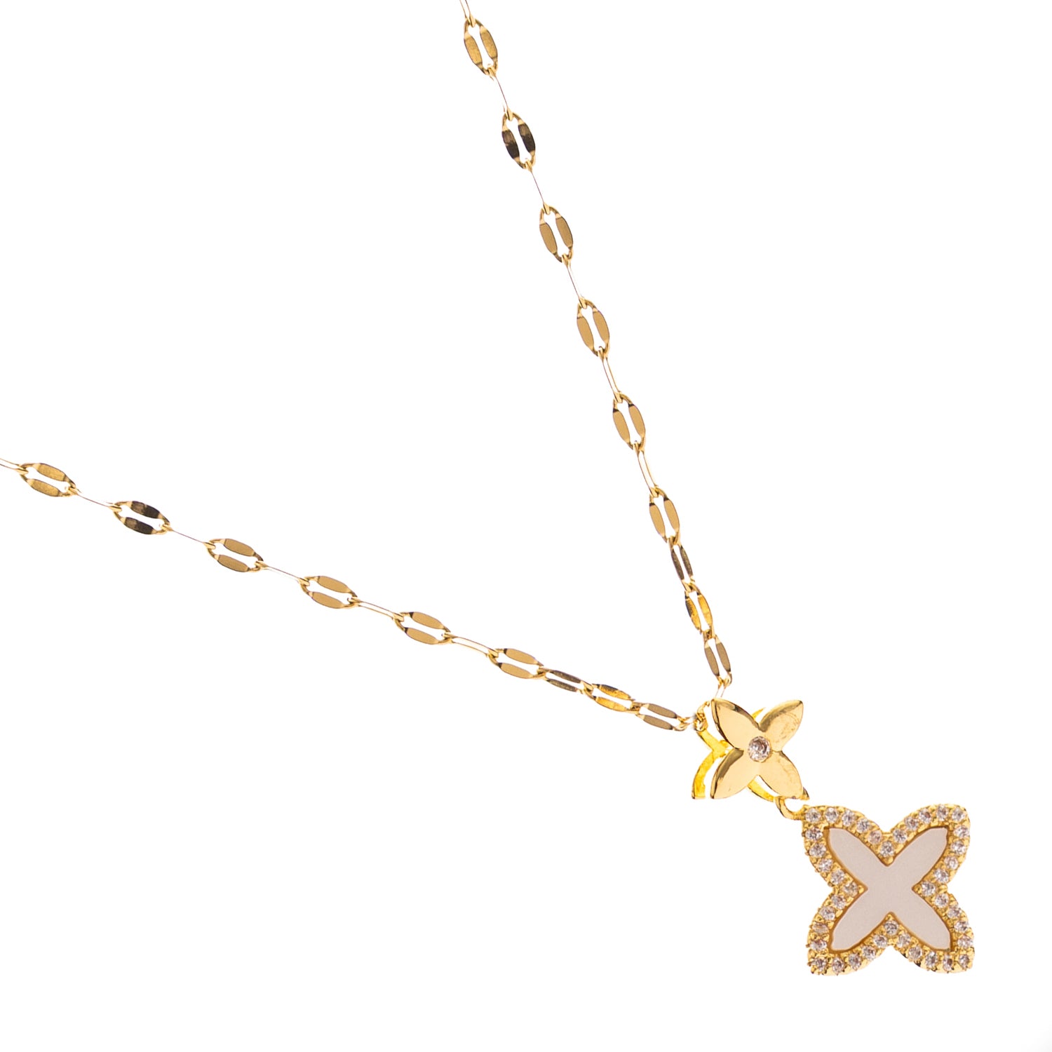 Polished gold-plated clover necklace with sparkling CZ stones