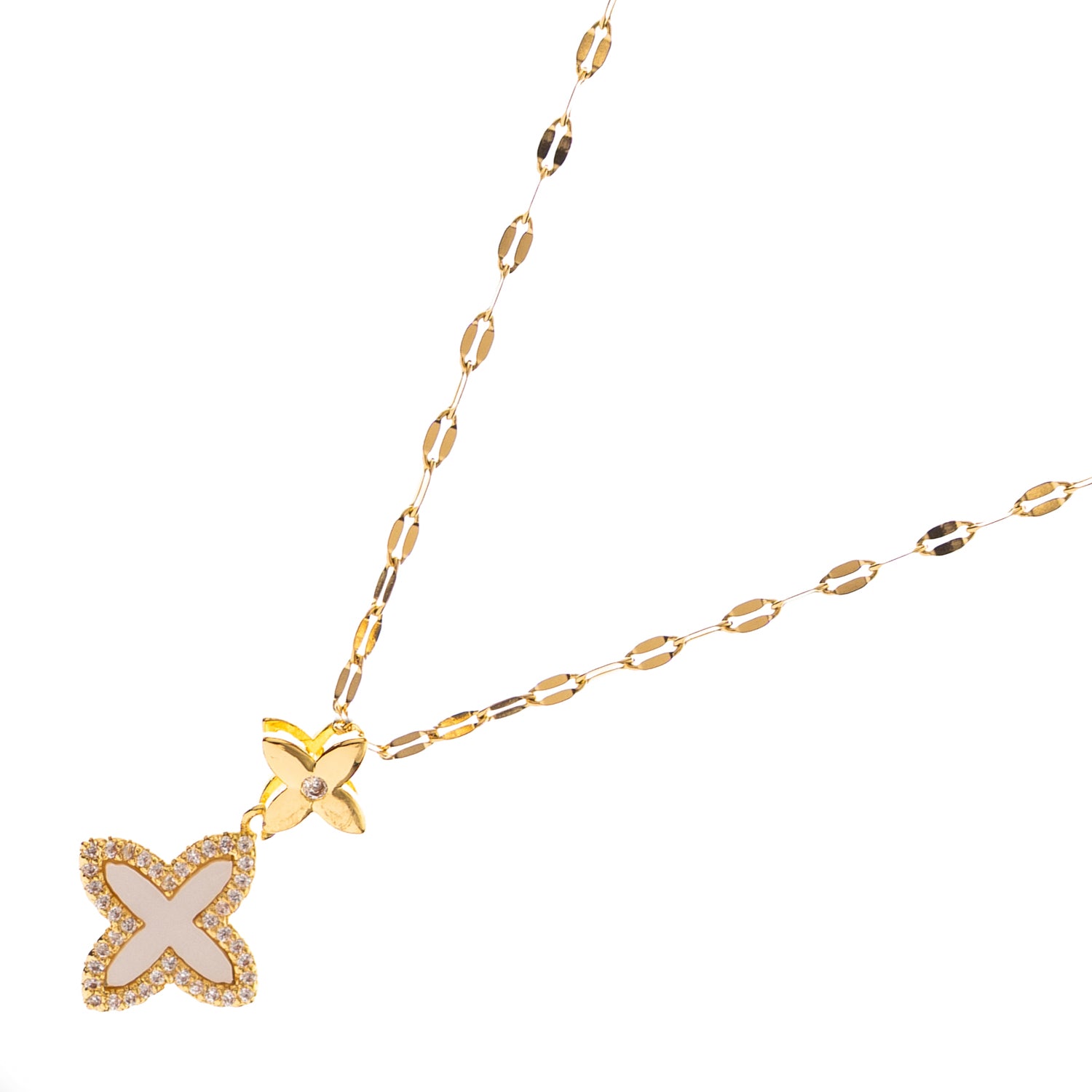 Elegant gold necklace with clover pendant and diamond details