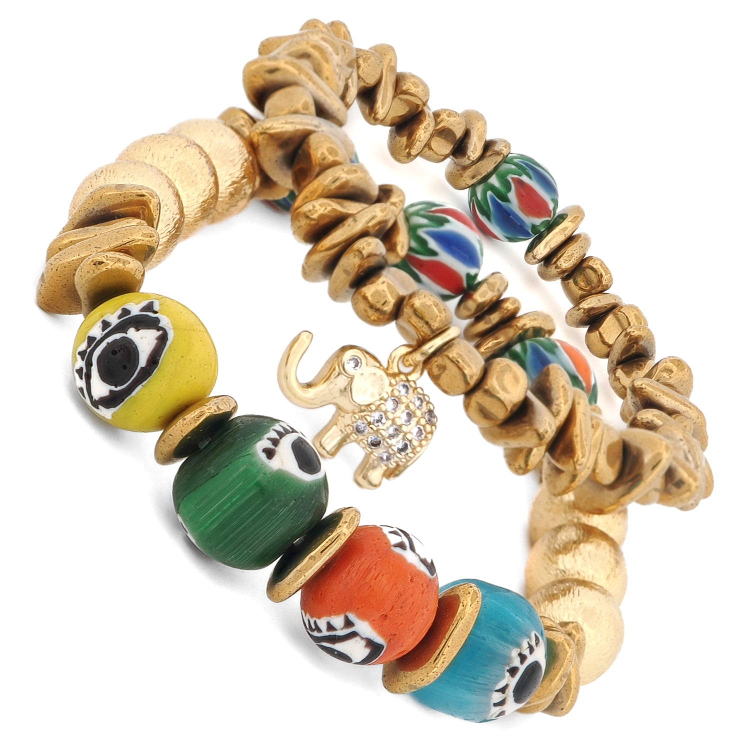 Handmade bracelet duo with elephant charm, gold hematite, and colorful ceramic evil eye beads — two-piece gold bracelet set