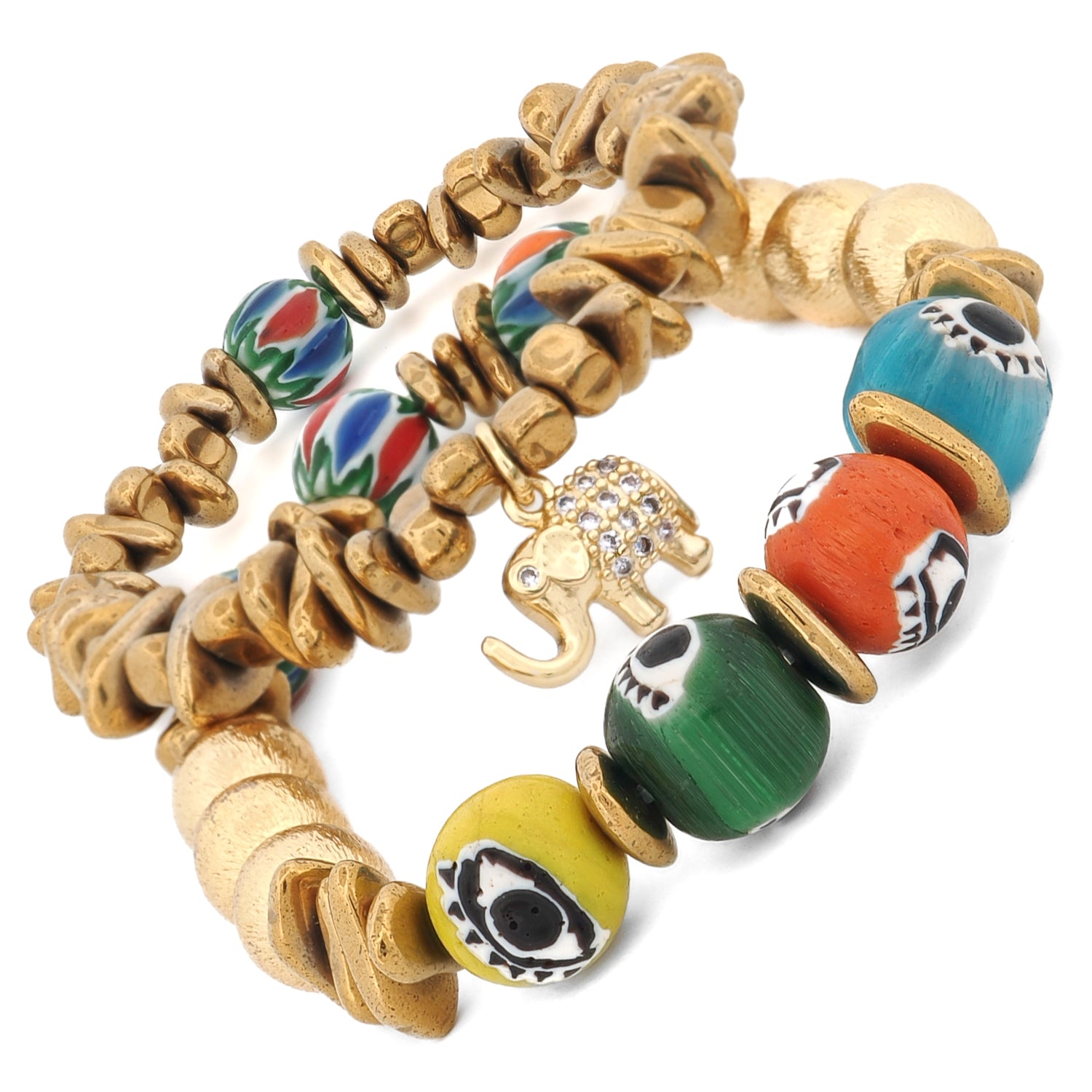 Golden Elephant Colorful Evil Eye Beaded Bracelet Set stacked together showing both stretchy bracelets with elephant focal charm and vibrant African beads