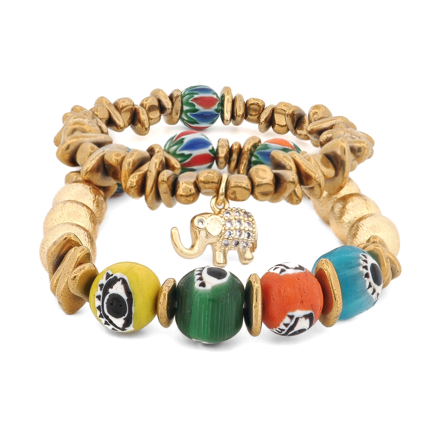 Golden Elephant Colorful Evil Eye Beaded Bracelet Set with 18k gold-plated elephant charm, gold hematite beads, and hand-painted colorful African beads

