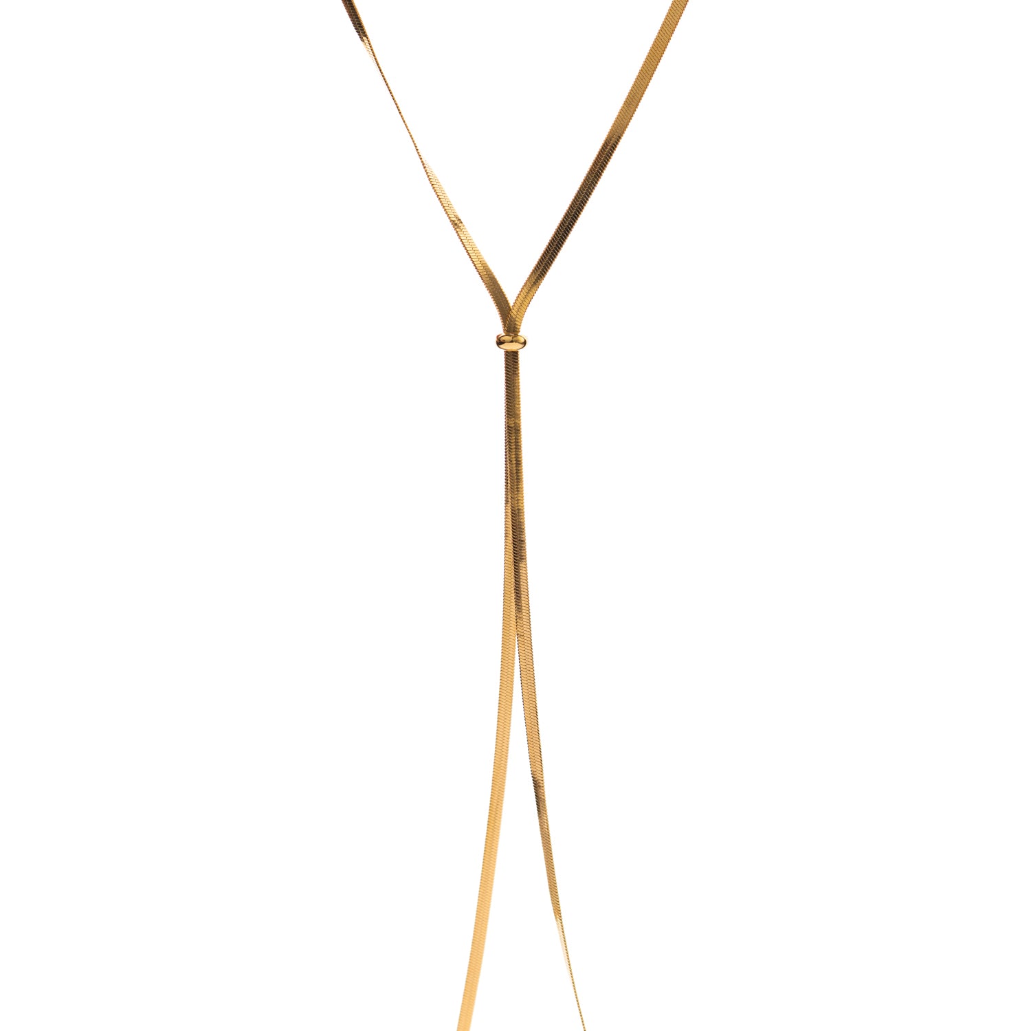 Long gold necklace with sliding adjustable bead on stainless steel chain