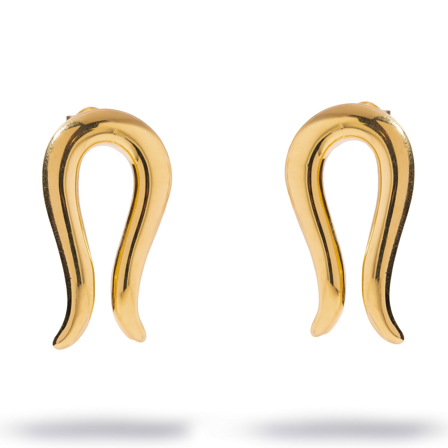 Golden Horseshoe Statement Stud Earrings laid flat, front view showing the mirror-polished open horseshoe silhouette in 24K gold plating