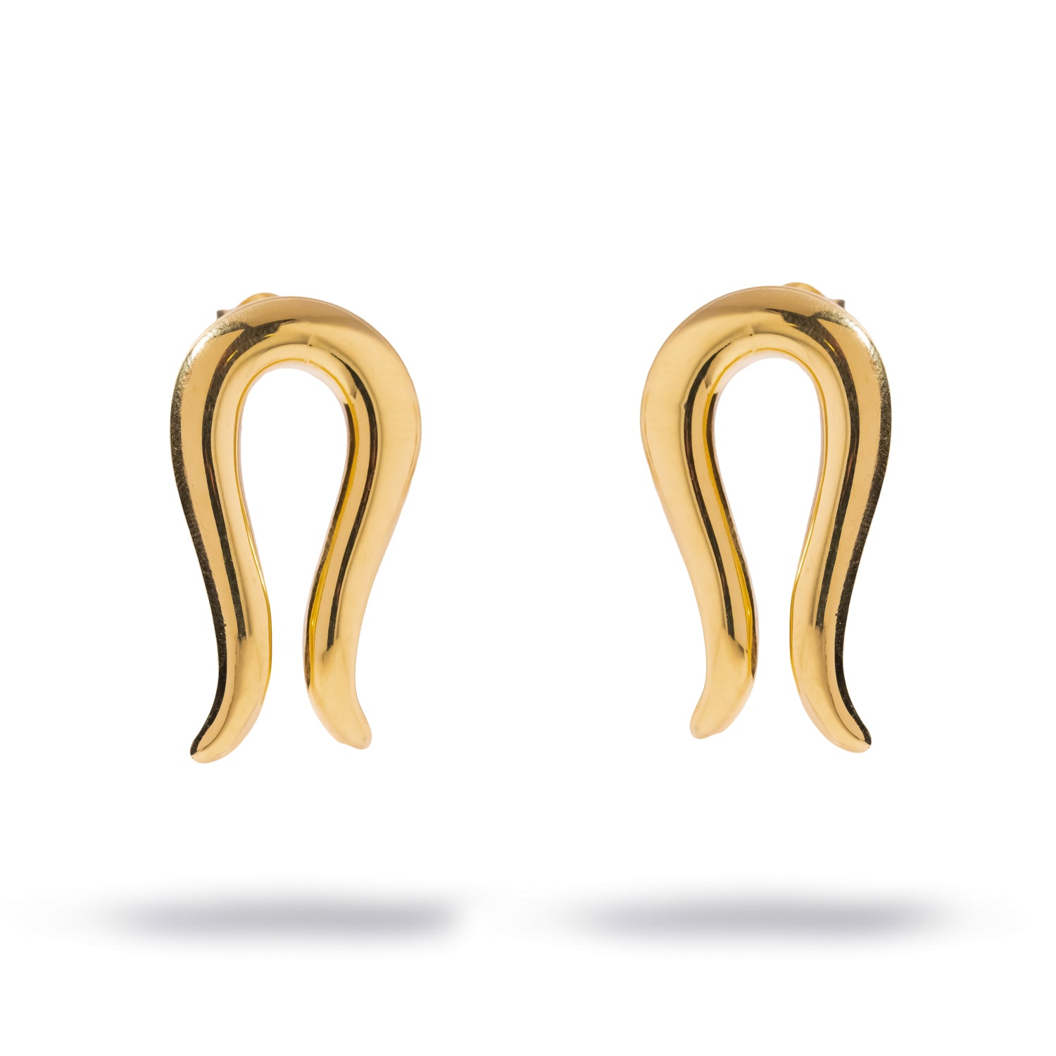 Golden Horseshoe Statement Stud Earrings laid flat, front view of the pair in polished 24K gold plated sterling silver