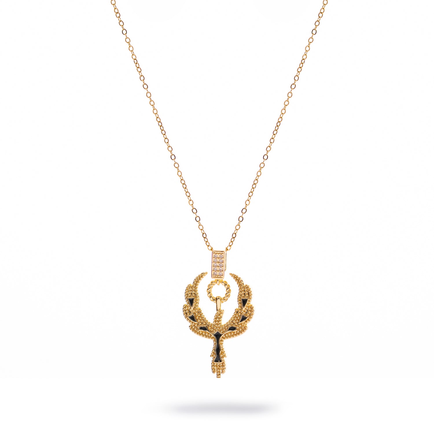 Gold phoenix necklace with black enamel and CZ stone details