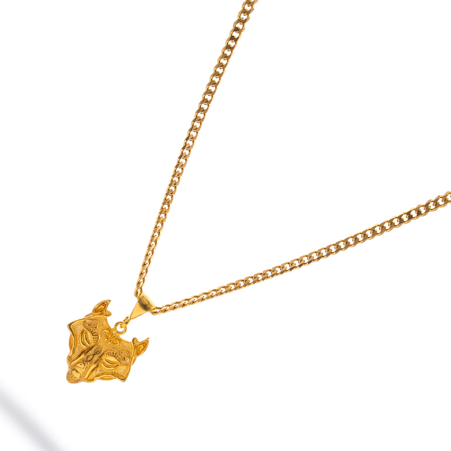 Golden wolf head pendant necklace in 24k gold-plated sterling silver with detailed fur texture on a gold chain.