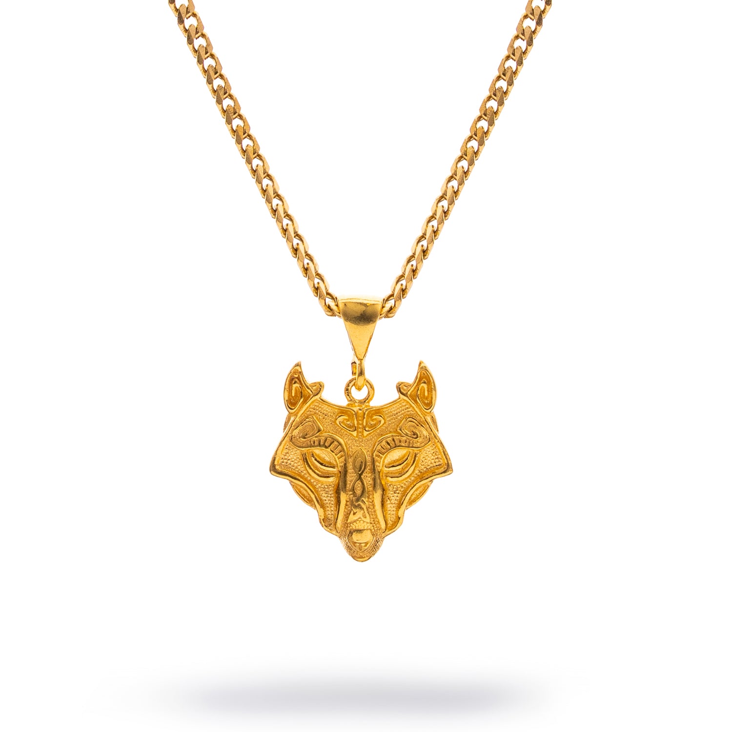 Golden wolf head pendant necklace in 925 sterling silver with 24k gold plating, on a 22-inch gold chain.