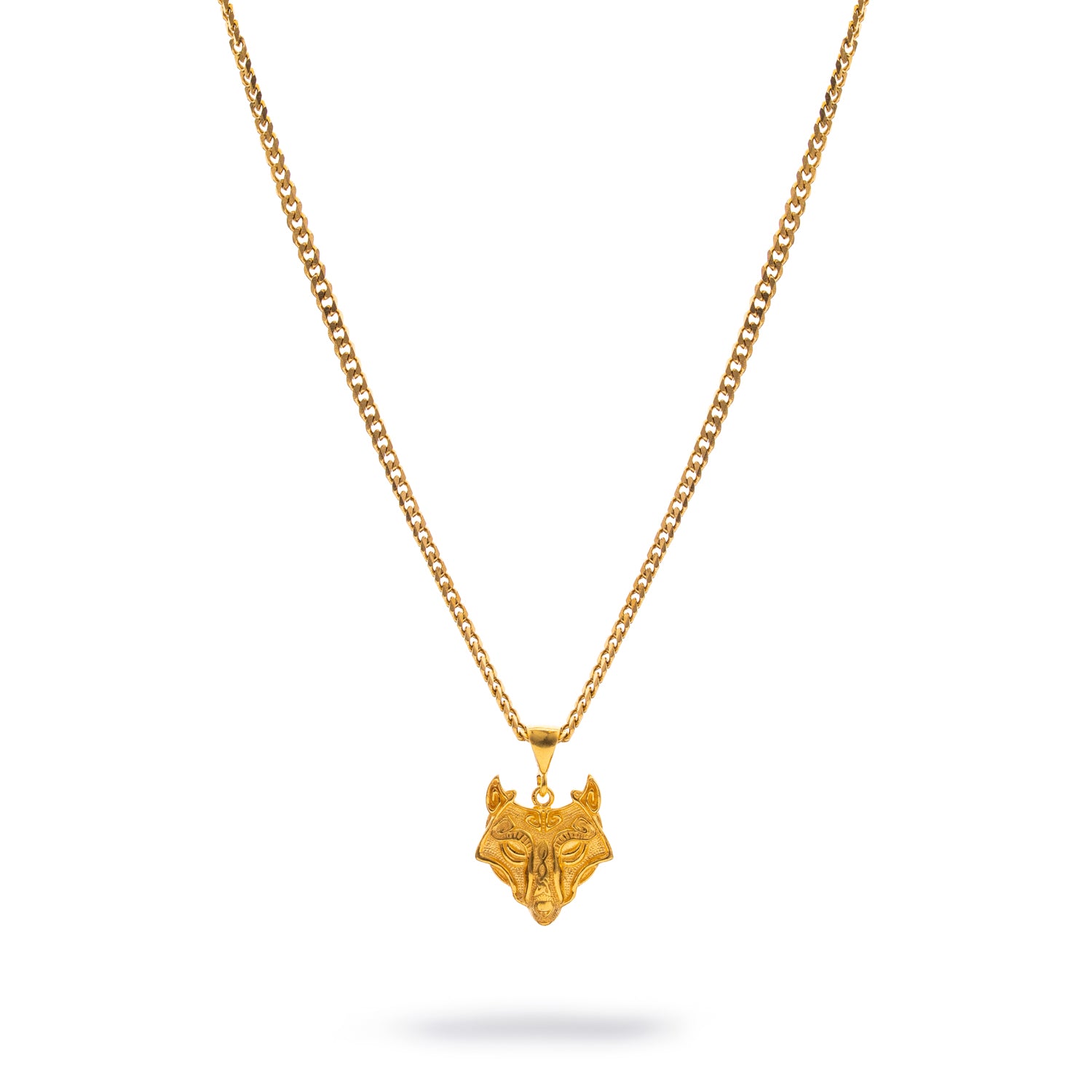 Gold wolf head pendant necklace in 925 sterling silver with 24k gold plating, featuring detailed intricate fur texture.