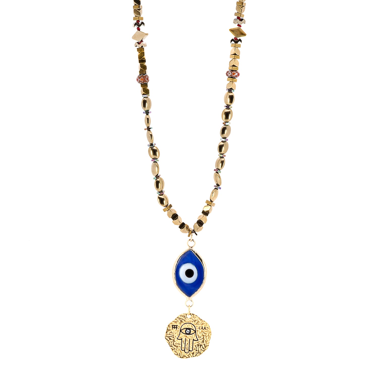 Gold Luck Evil Eye and Hamsa Necklace - A captivating image showcasing the intricate design of the Good Luck Evil Eye and Hamsa Necklace, with gold-colored hematite stone beads, blue crystal beads, and a sterling silver Hamsa pendant plated with 18k gold.
