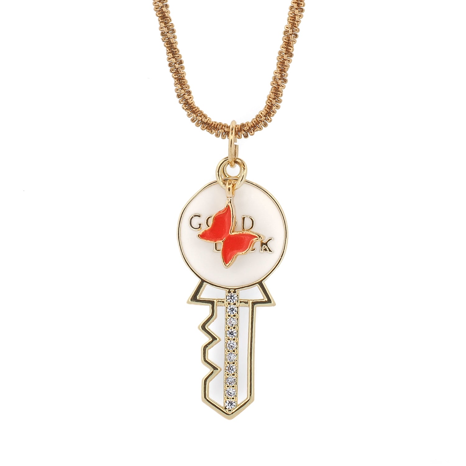 Good Luck key pendant necklace with coral butterfly charm and pave crystal by Ebru Jewelry