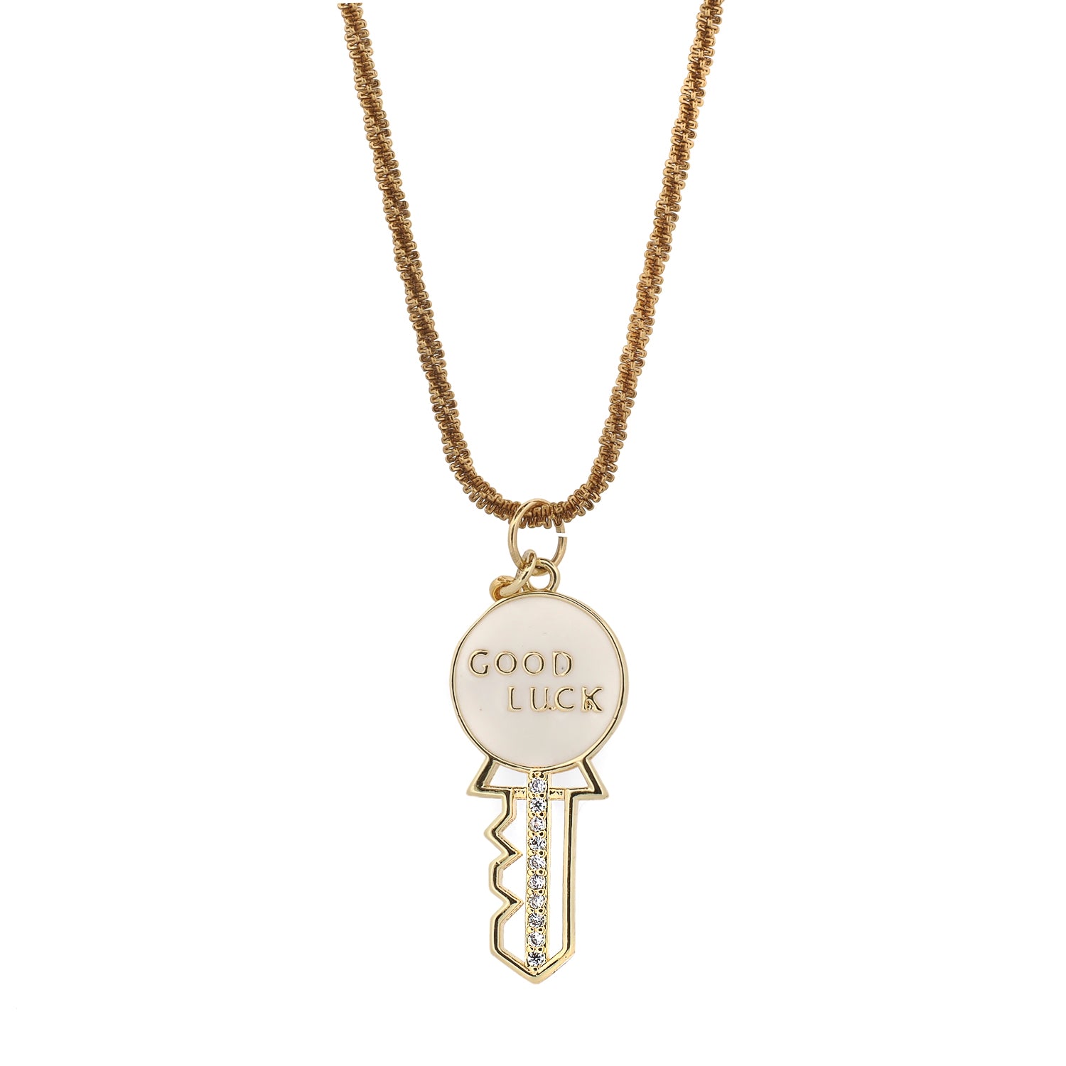 White enamel Good Luck key pendant on gold chain, meaningful gift necklace by Ebru Jewelry