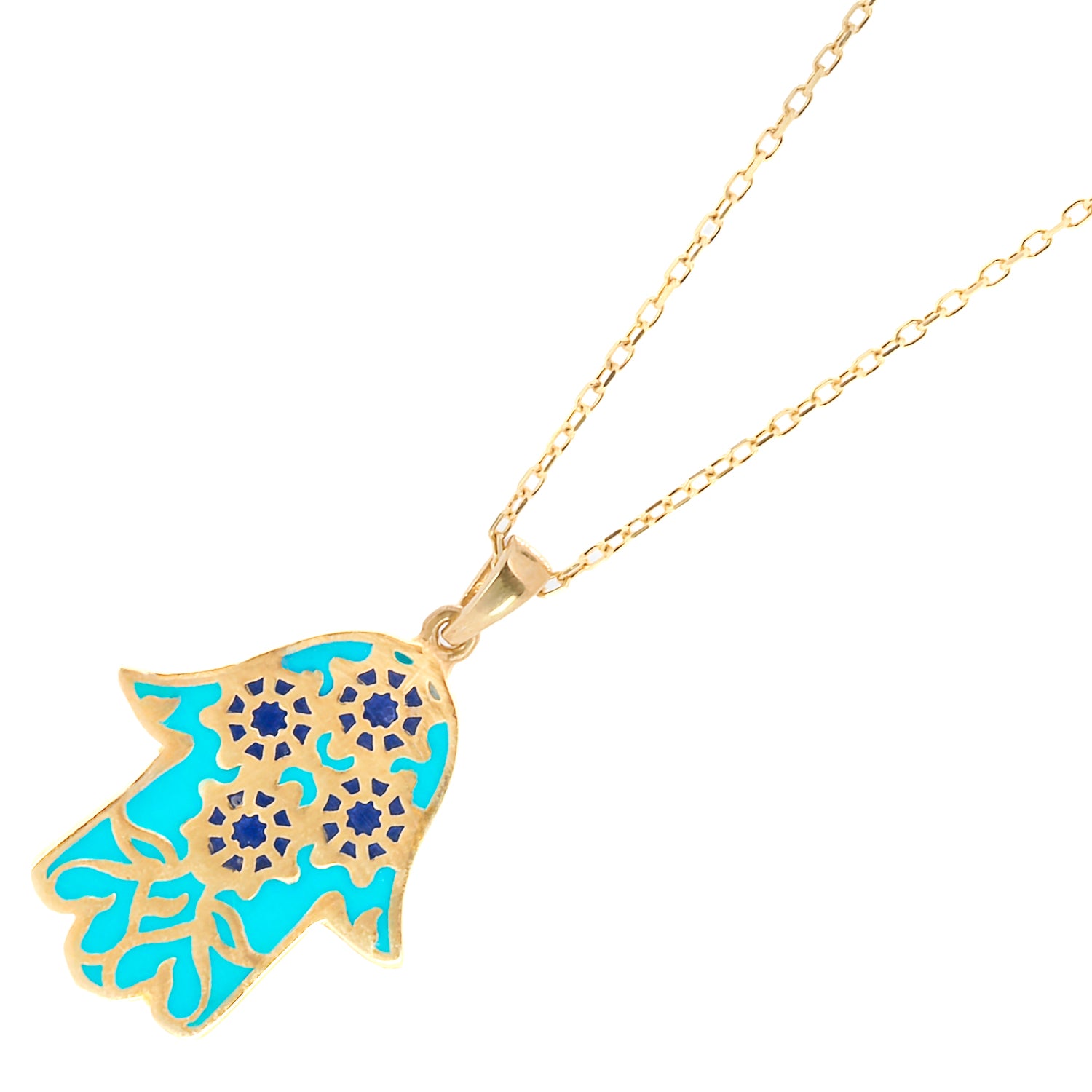 The sterling silver chain of the Good Vibes Enamel Hamsa Necklace, elegantly plated with 18k gold.