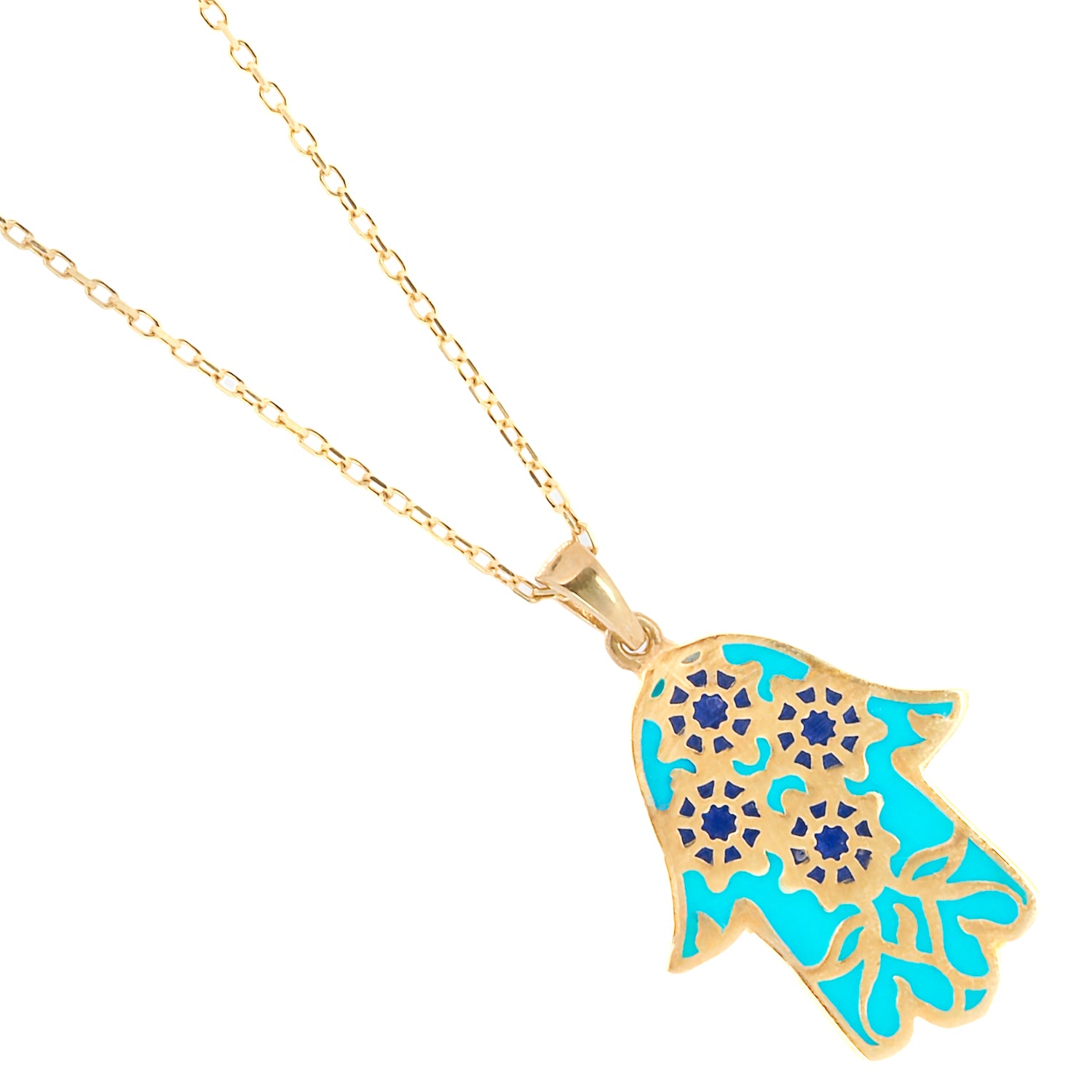 The Hamsa pendant, symbolizing protection and good vibes, on the Good Vibes Enamel Hamsa Necklace.