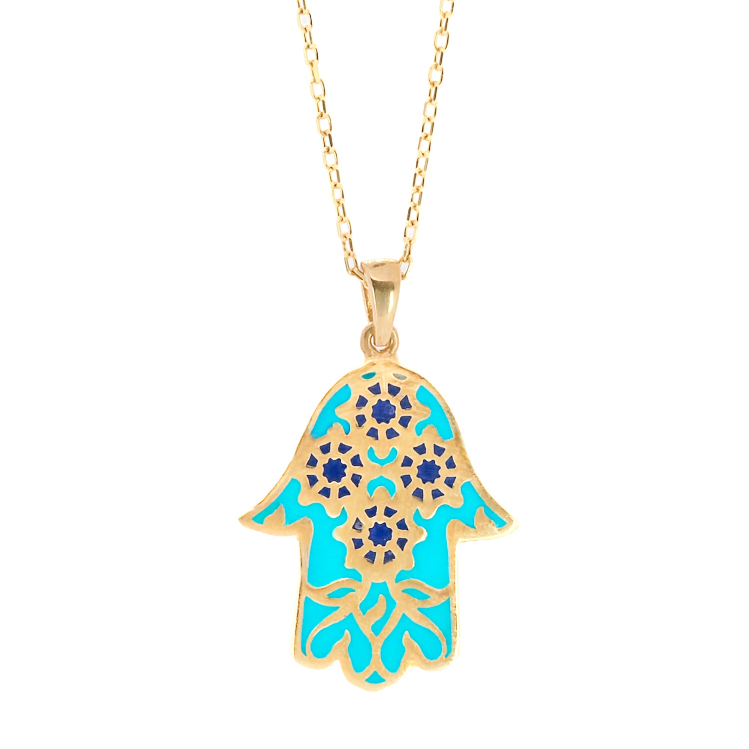 A close-up of the intricate gold plating and vibrant turquoise enamel on the Hamsa pendant.
