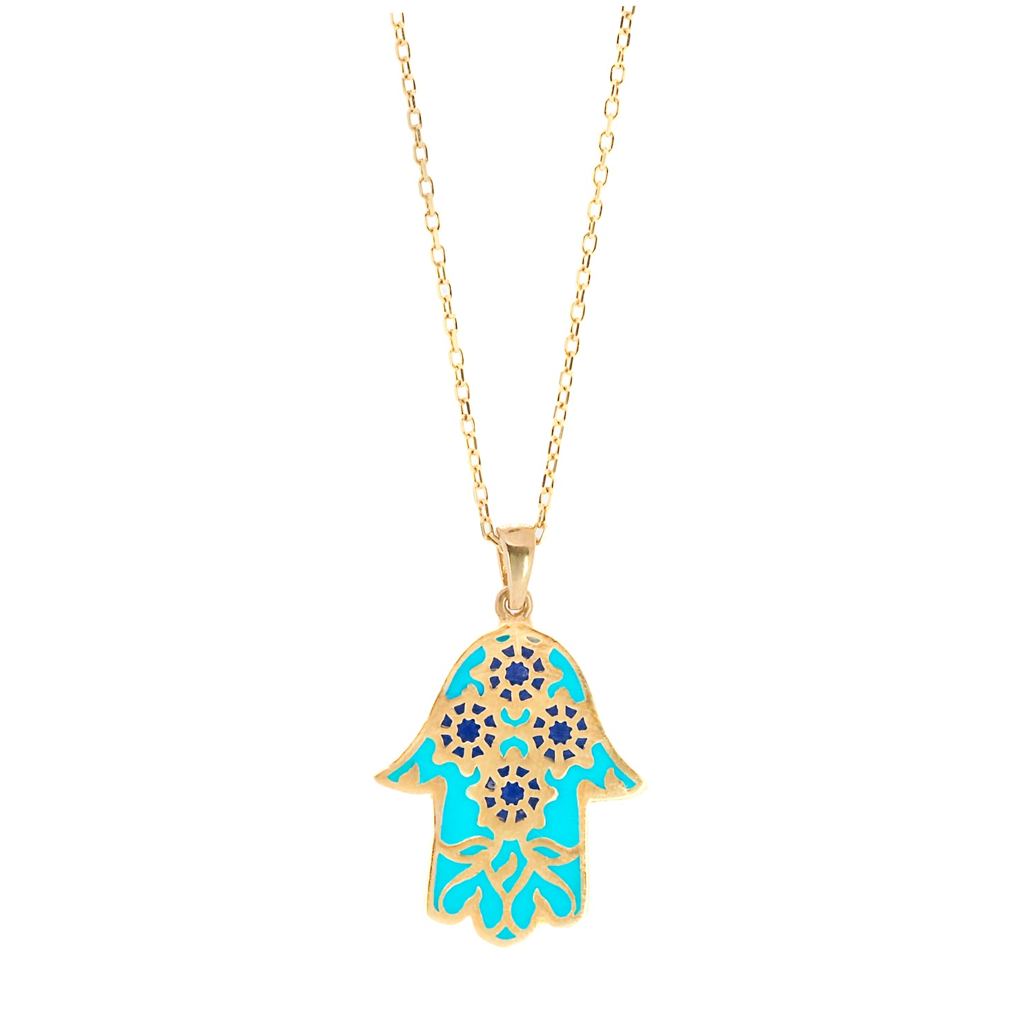The Good Vibes Enamel Hamsa Necklace, a captivating blend of spirituality and positive energy.