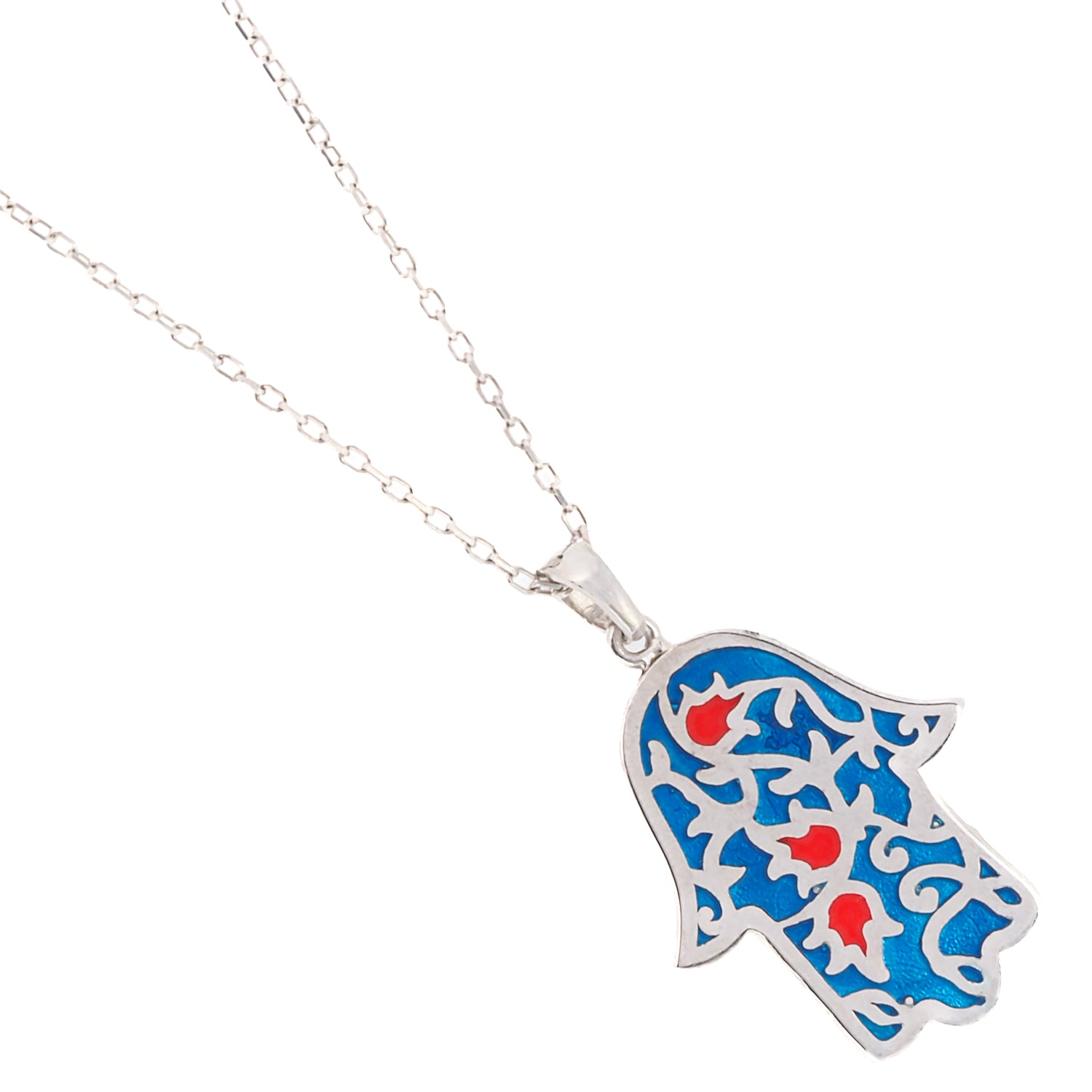 The Good Vibes Enamel Hamsa Necklace Silver, a meaningful accessory radiating positivity and love.