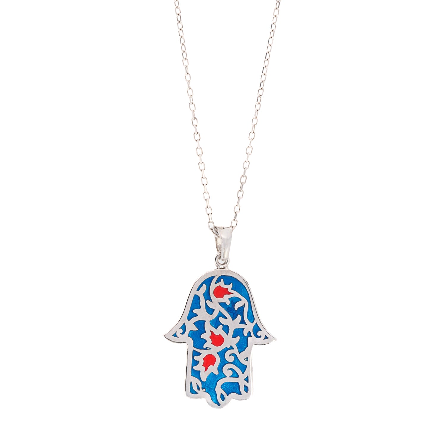 The Good Vibes Enamel Hamsa Necklace Silver, a captivating blend of spirituality and positive energy.