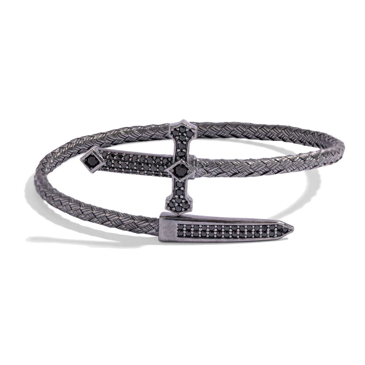 Gothic Cross & Dagger men's wrap bracelet in oxidized sterling silver with a woven band, a black stone Gothic cross and a pave dagger point