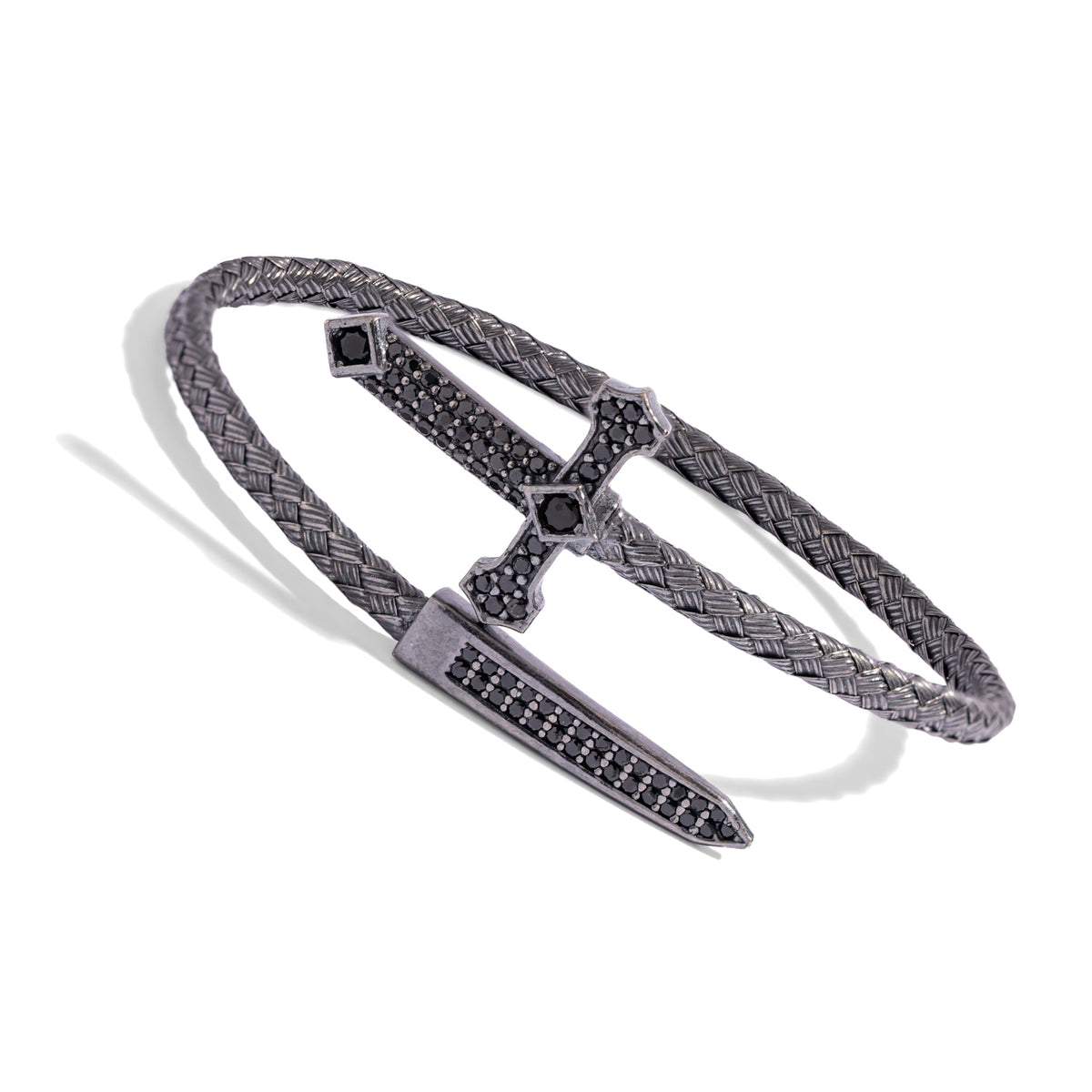 Angled view of the cross and dagger wrap bracelet showing the black stones paved along the cross arms and the dagger blade