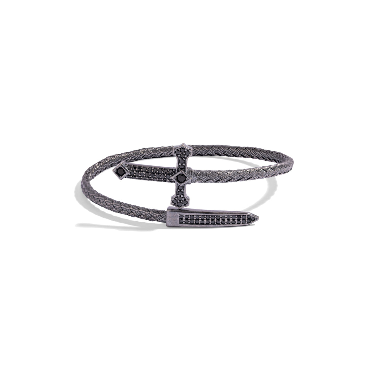 Front view of the men's Gothic cross and dagger bracelet in oxidized sterling silver set with black stones